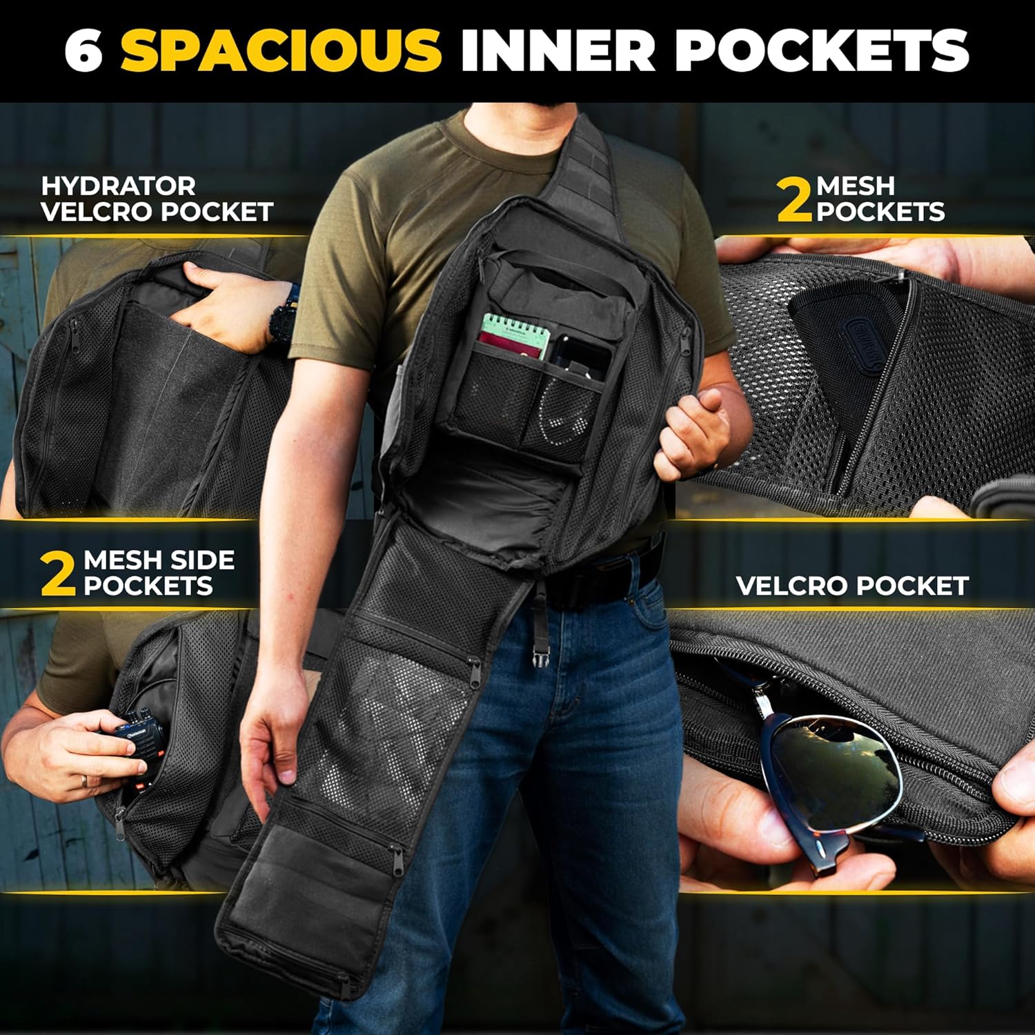 M-Tac 10L Tactical Sling Backpack - Crossbody Medical Sling EMS Bag EDC with Loop Panel for Concealed Carry - Travel, Fishing, Hiking backpack (Black) - Image 3