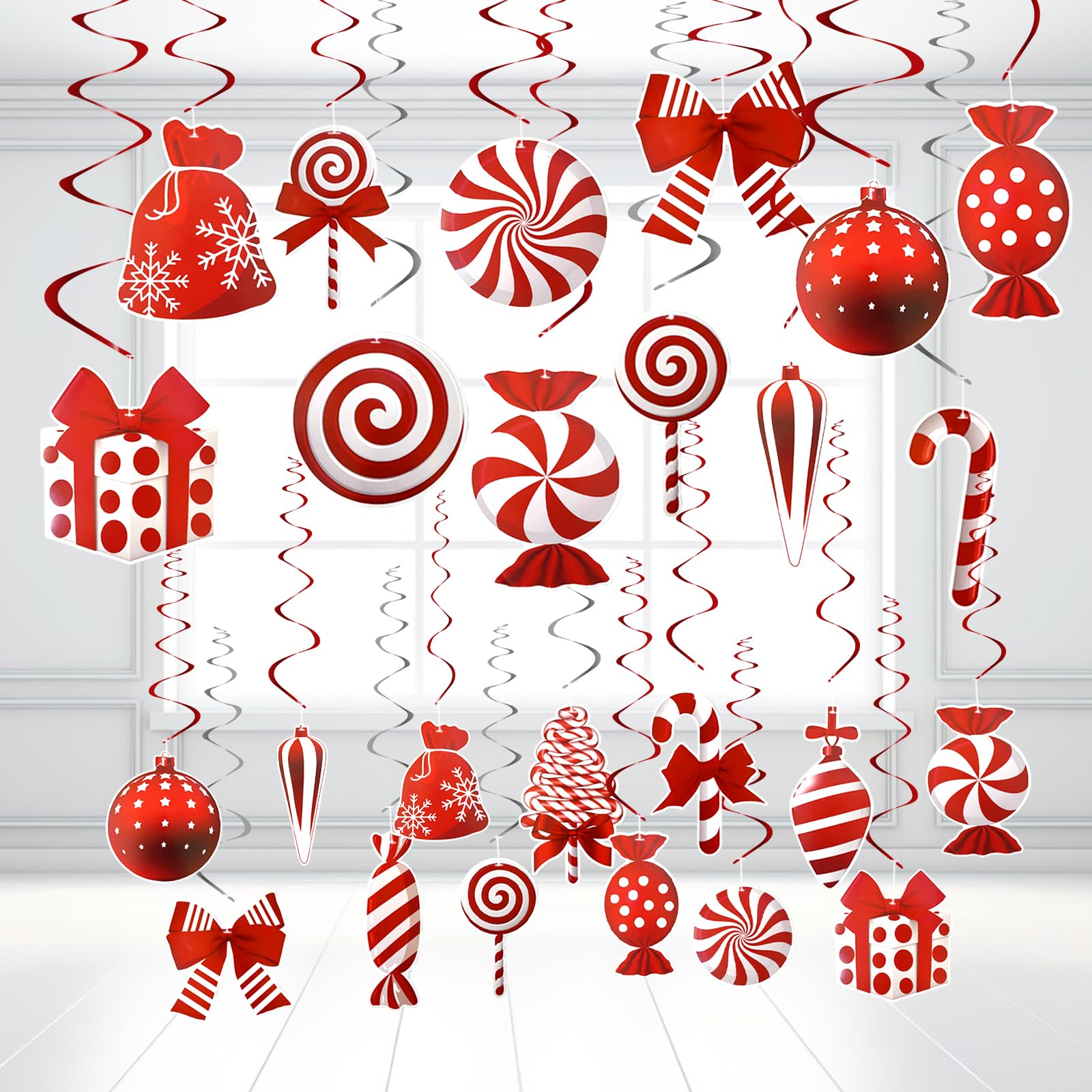 Christmas Hanging Swirls Decorations, LMSHOWOWO 30PCS Foil Candy Hanging Ceiling Swirls Streamers with Candy Cane Lollipop for Christmas Home