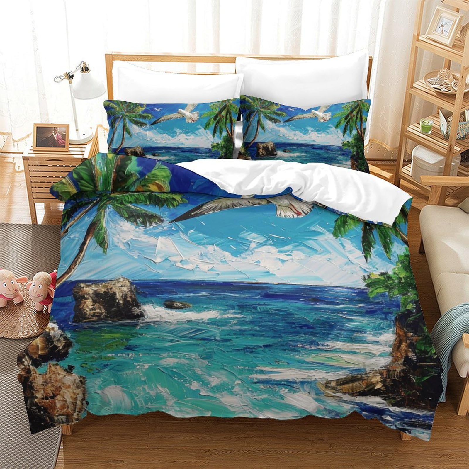 Housse de couette 220x240 anti-transpiration et infroissable motif mouette 3D avec taies