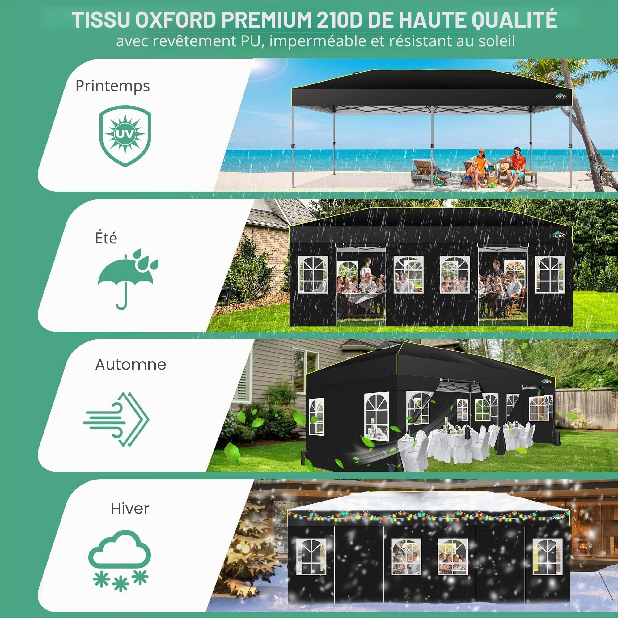 COBIZI Tonnelle Pliante 3x6, Tonnelle de Jardin Exterieur, Imperméable Tente de Reception avec 6 Panneaux Latéraux, Protection UV 50+, Tonnelle de Jardin pour Fêtes Commercial Mariage,Noir