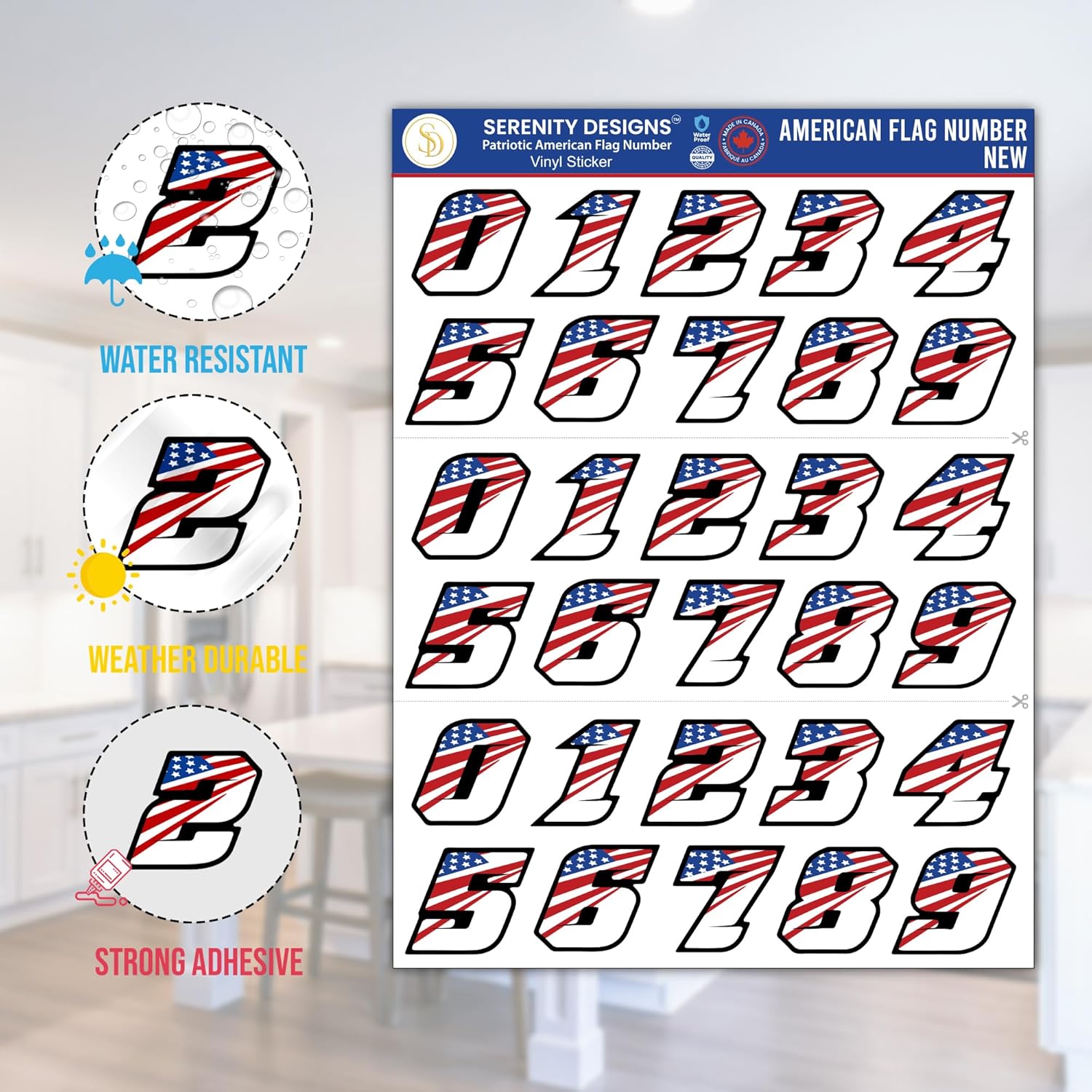 American Flag Number Stickers for Helmet Mailbox Racing – 3 Sets (0-9) Waterproof Vinyl Decals, Baseball Football Hockey Indoor Outdoor, Bold Patriotic USA Design 1.25 Inch