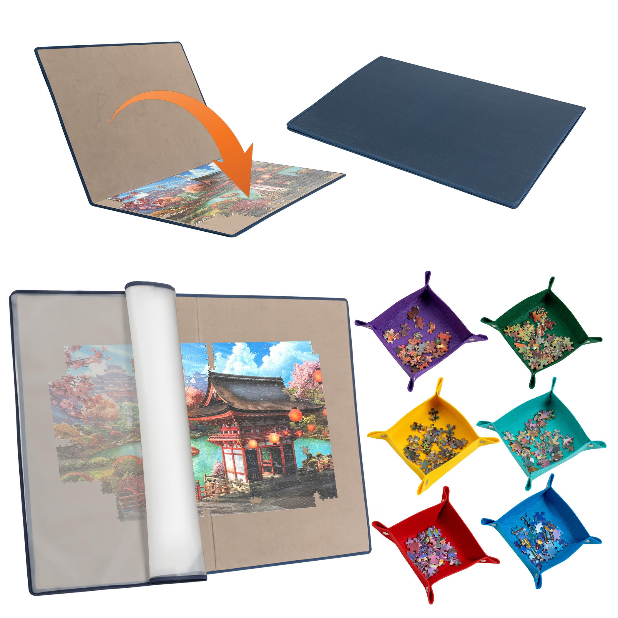 Tektalk faltbares Puzzle Board mit 6 Sortierschalen, tragbare Puzzlematte mit transparenter wasserdichter & staubdichter Abdeckung für Puzzleaufbewahrung/Saver, für bis zu 2000 Puzzleteile – Grau