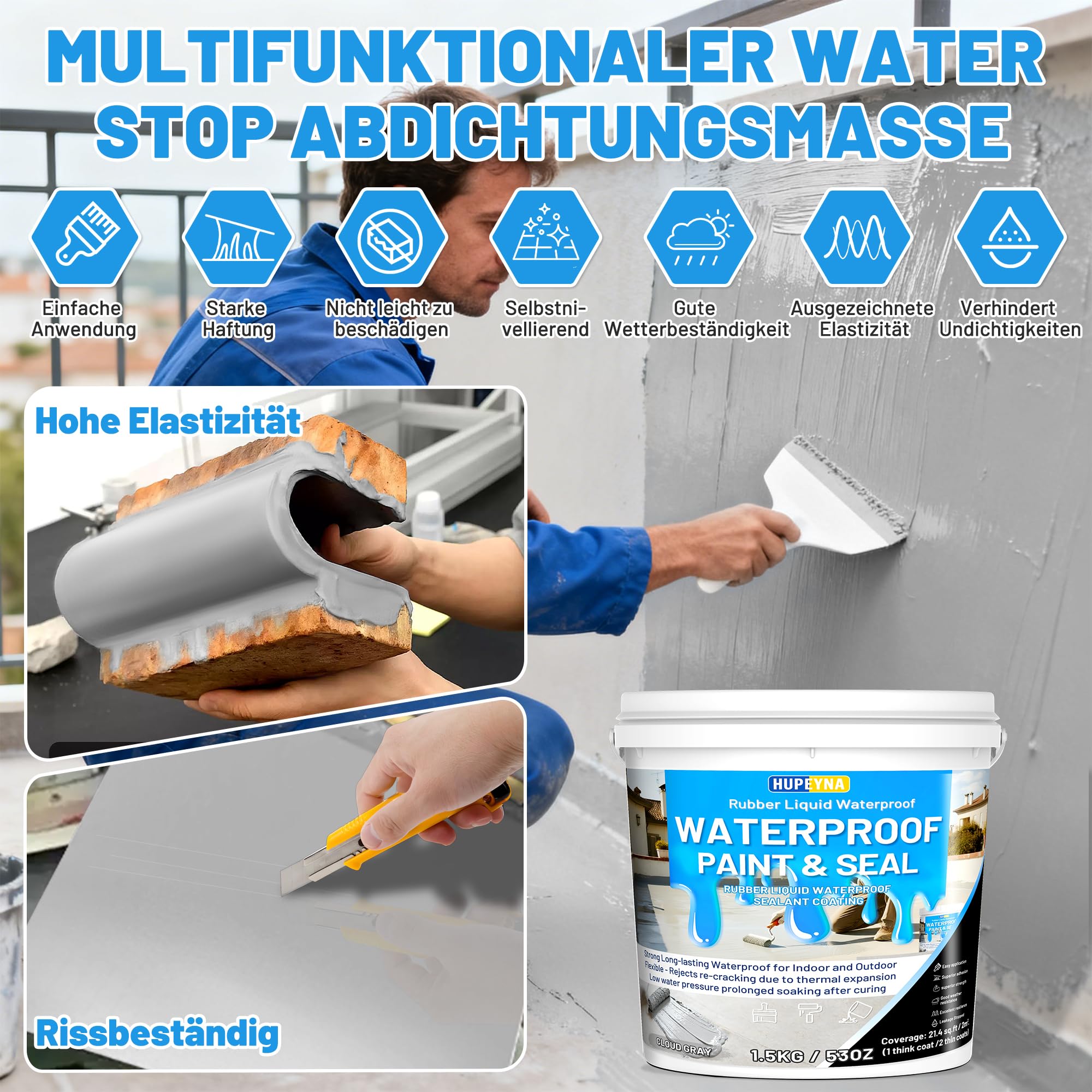Hupeyna Water Stop Abdichtungsmasse, Leck Wasserdichter Grau Flüssiggummi | Universalabdichtung und Feuchtigkeitssperre Wasserdicht Reparatur von Undichtigkeiten und Rissen in Oberflächenfundamenten