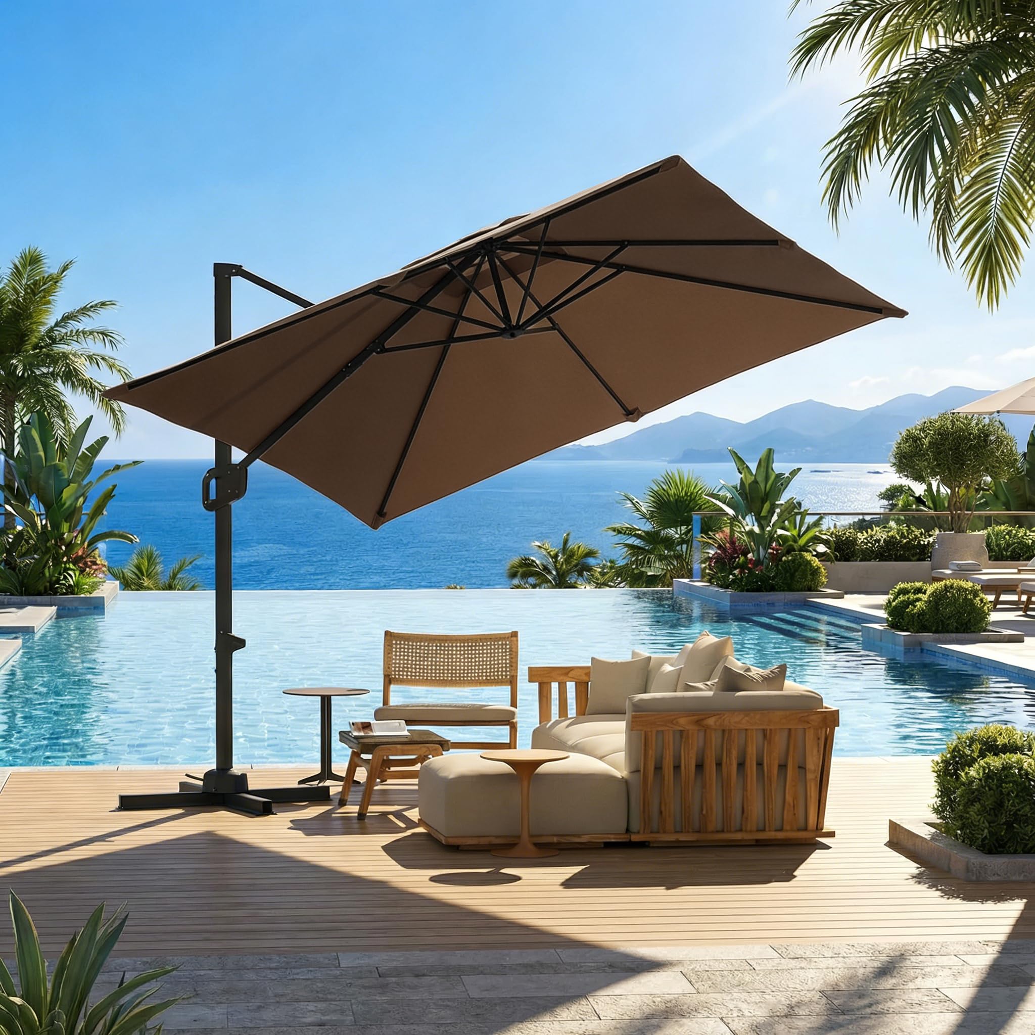 Photo 1 of GarveeLife Large Cantilever Patio Umbrella, 10 ft X 10 ft Heavy Duty Aluminum Cantilever Offset Outdoor Umbrella with 360-Degree Rotation for Backyard, Deck, Pool, Tan