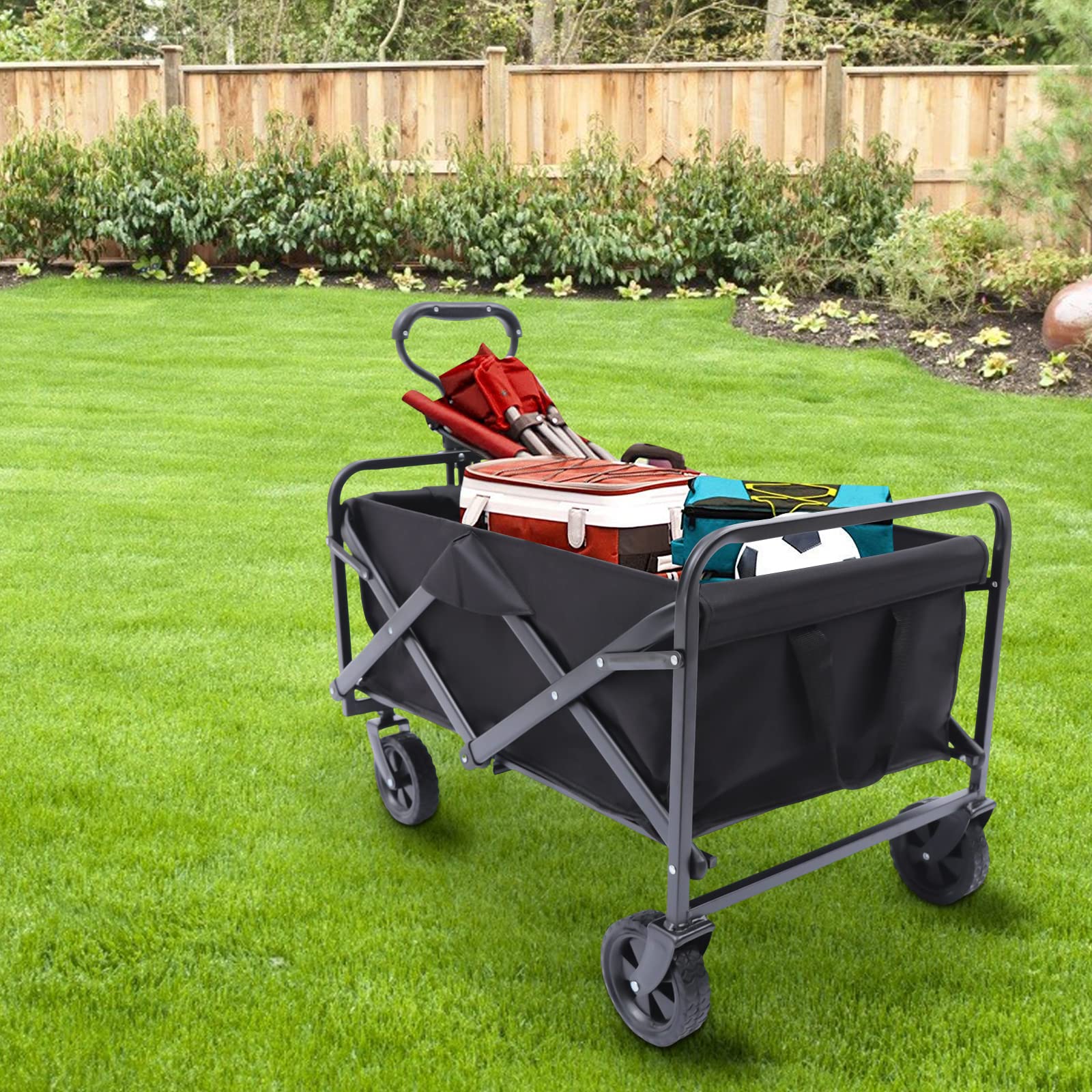 Chariot de jardin pliable, capacité de 80 kg, chariot de pique-nique et de camping, chariot avec porte-gobelet, brouette pliable avec poignée réglable