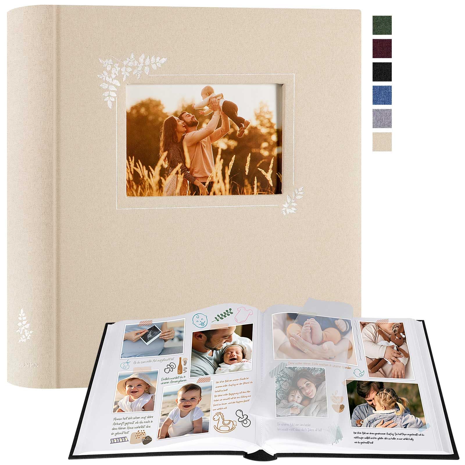 Lanpn Álbum Fotos Scrapbook Personalizable, Grande Lino DIY Album Diseño de ventana Scrapbooking 100 Páginas Blancas con separadores de celofán 9x13cm 10x15cm 13x18cm (30x33,5cm, Beige)
