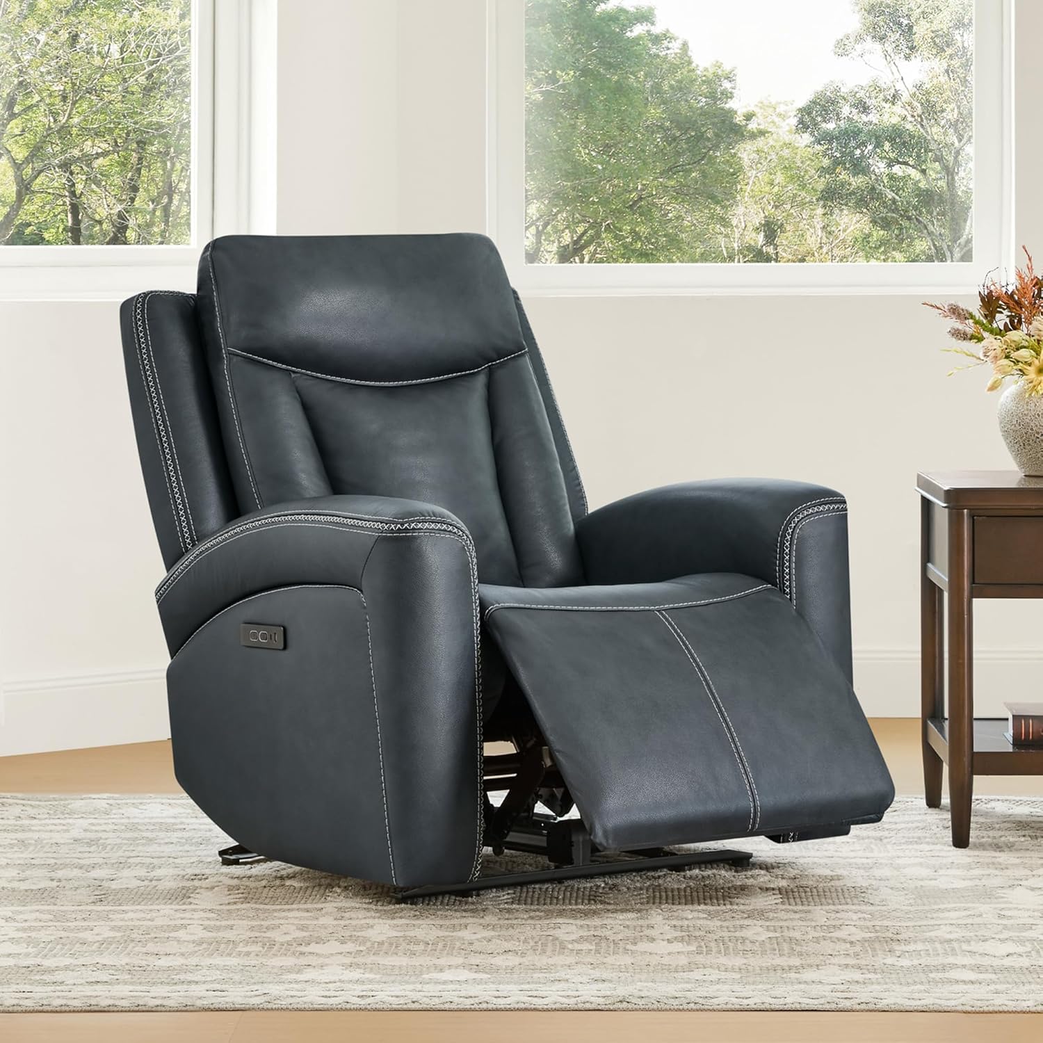 CHITA Genuine Leather Power Recliner Chair for Adults, Super Zero Gravity Recliner with Adjustable Power Headrest & USB/Type-C Ports, for Living Room, Bedroom & Home Theater, Navy Blue