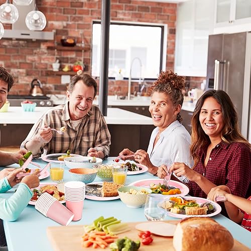 Miniatura 5 de TWOWYHI Juego de 229 platos de papel rosa para fiestas, vasos, cucharas de plástico, tenedores, cuchillos, servilletas rosas, 30 juegos de vajilla