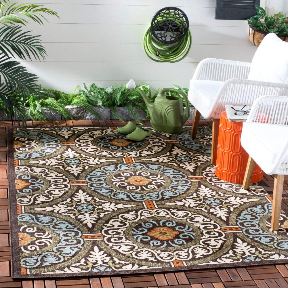 SAFAVIEH Veranda Collection Area Rug - 9' x 12', Chocolate & Aqua, Modern Design, Non-Shedding & Easy Care, Indoor/Outdoor & Washable-Ideal for Patio, Backyard, Mudroom (VER055-0723)