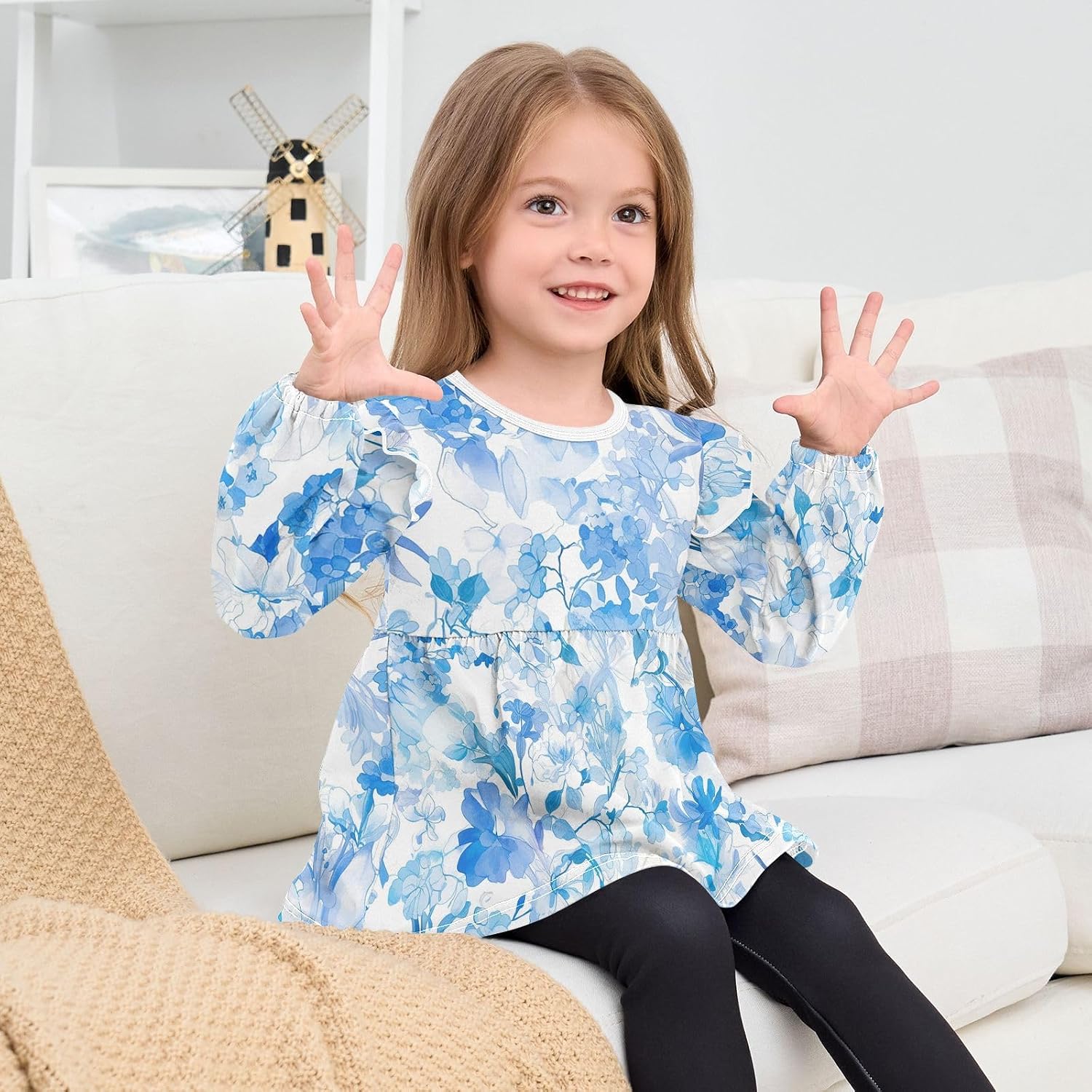 visesunny Toddler Clothes for Girls Blue White Flower Tangled Leaf Long Sleeve Fall Shirts Cotton Top with Ruffle Collar