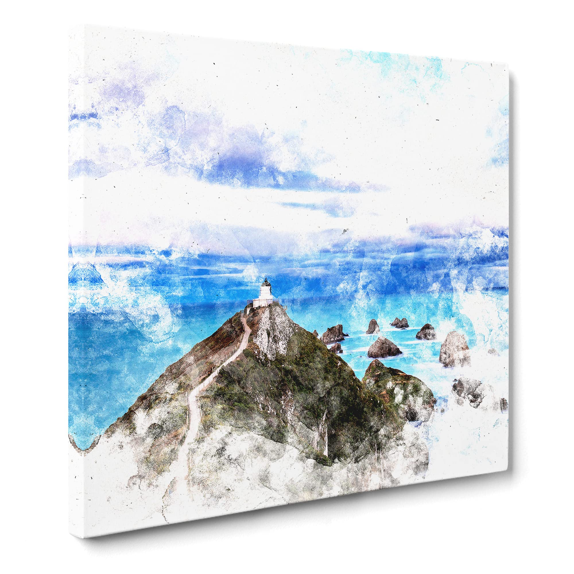 Lighthouse & Seascape New Zealand Watercolour Canvas Print, Mixed, 35L x 35W cm