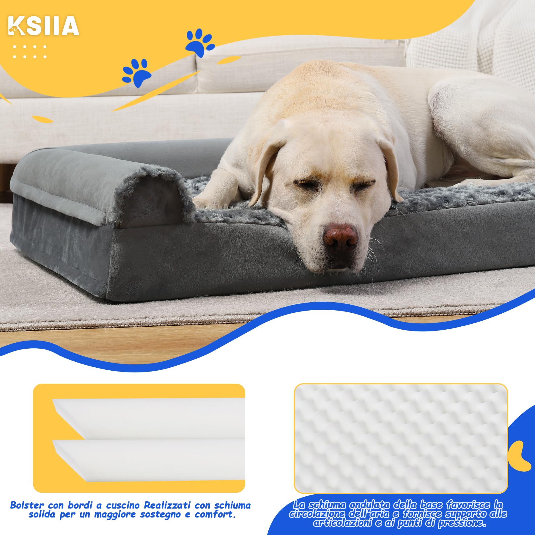 KSIIA Cuccia per Cane Interno Taglia Grande, Divano Sfoderabile e Lavabile (91x68x16cm), L-Plus Grigio