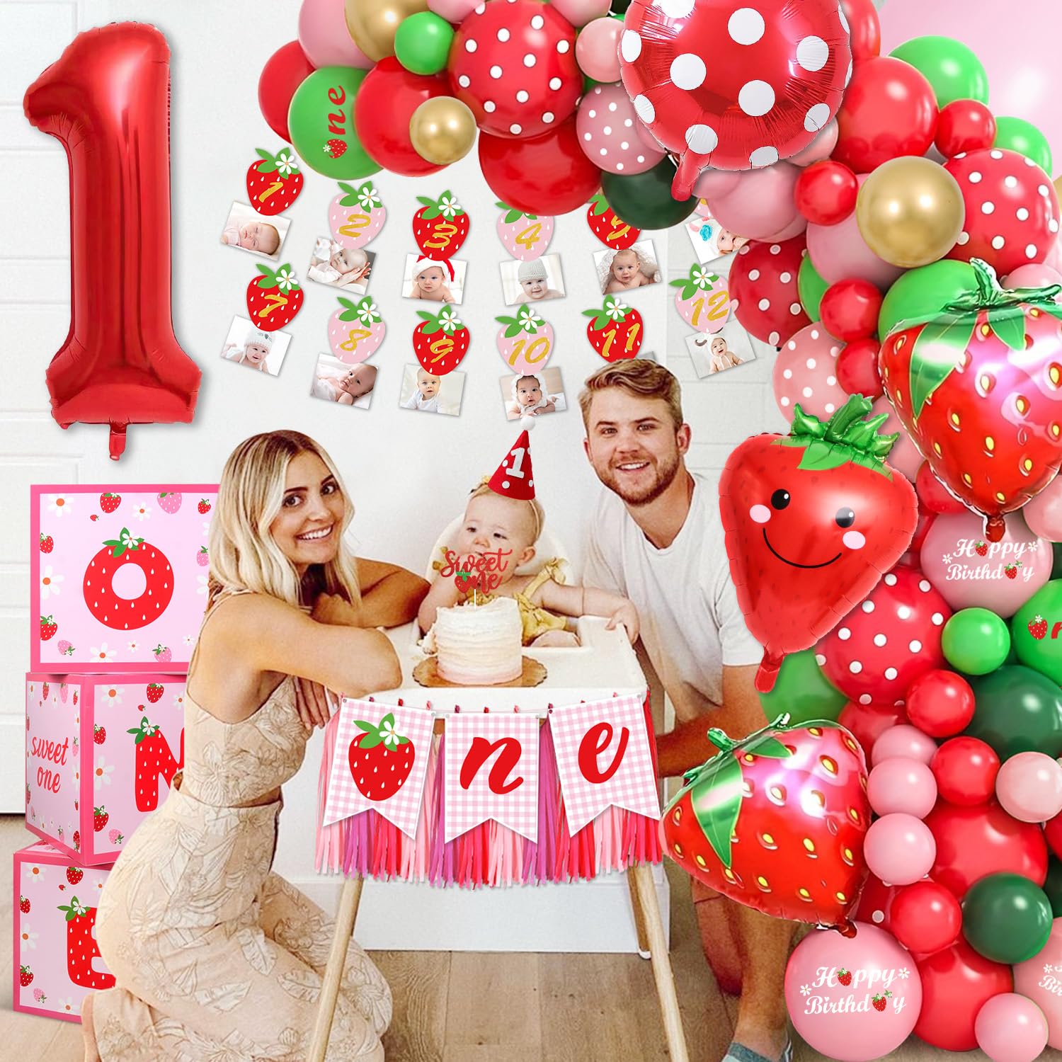 Set Decorazioni Compleanno 1 Anno A Tema Fragola – 84 Pezzi: Palloncini, Numero 1, Banner Mesi, Cake Topper E Tovaglia