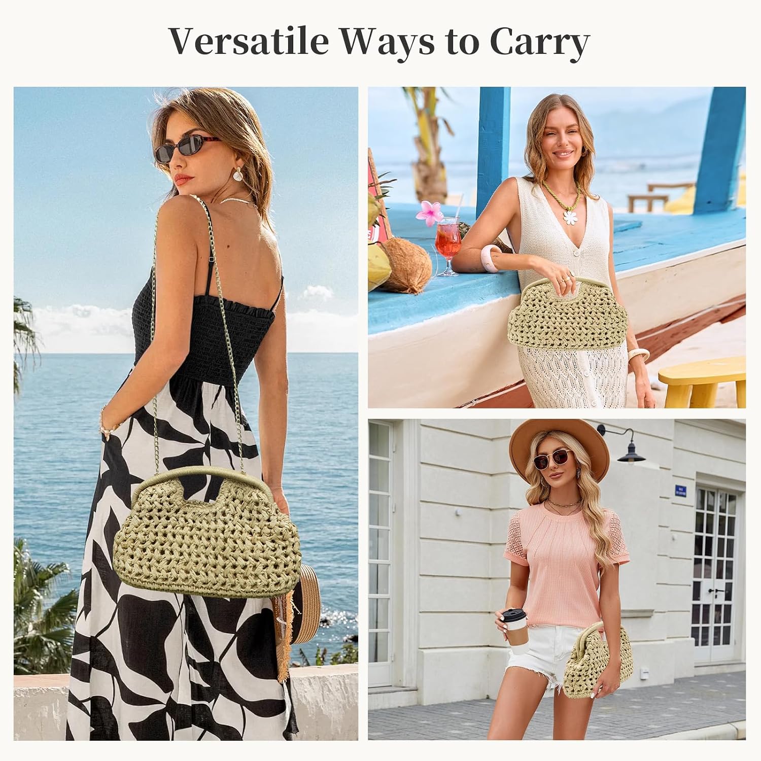 Straw Clutch Purses for Women Summer Woven Beach Dumpling Handbag | detachable metal chain, top-handle, crossbody shoulder bag, woven pattern