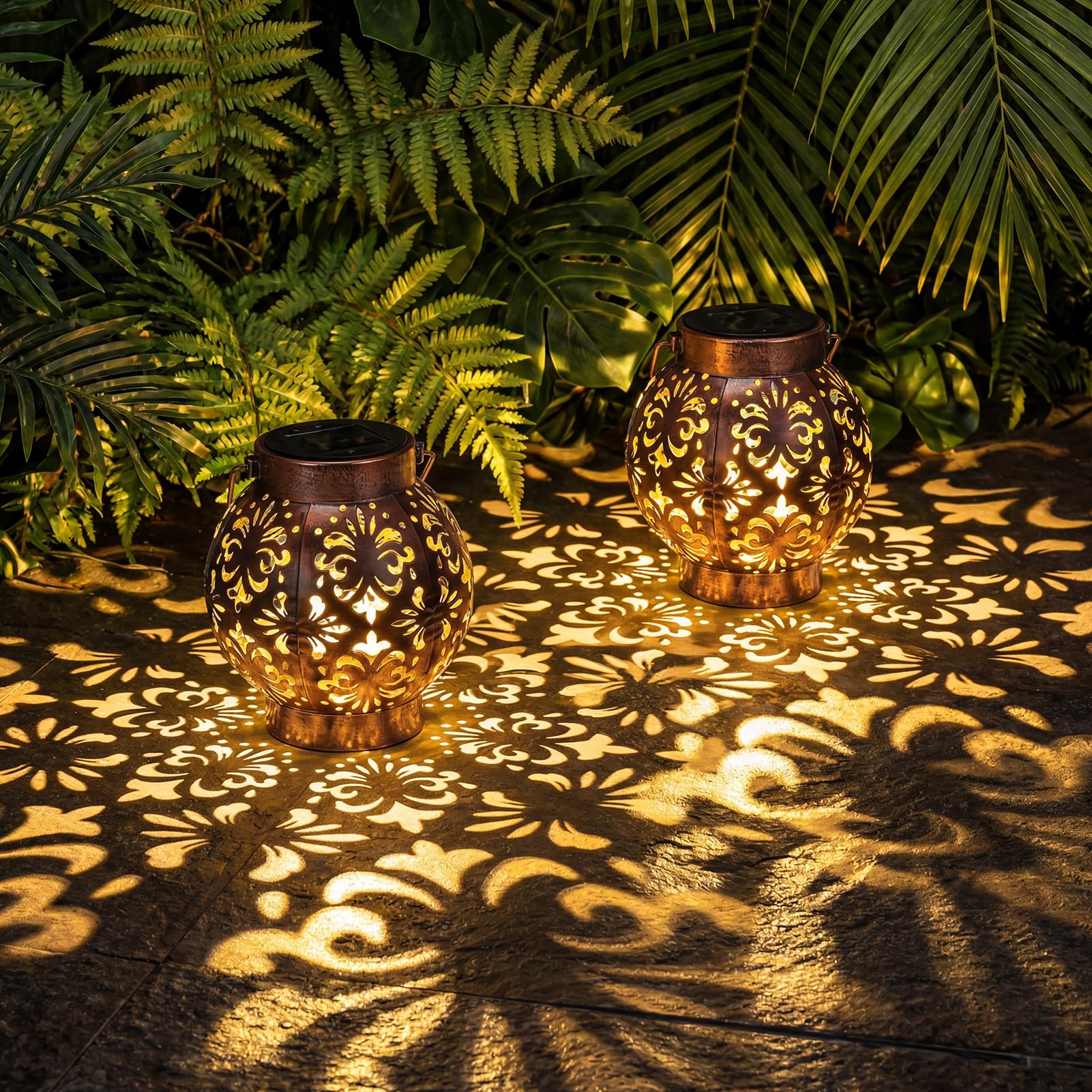Edenseelake 2 Pack Solar Hanging Lanterns Outdoor Waterproof Flower Lights, Metal Decorative LED Lantern for Garden, Patio, Porch, Yard, Lawn, Bronze 2 packs Flower