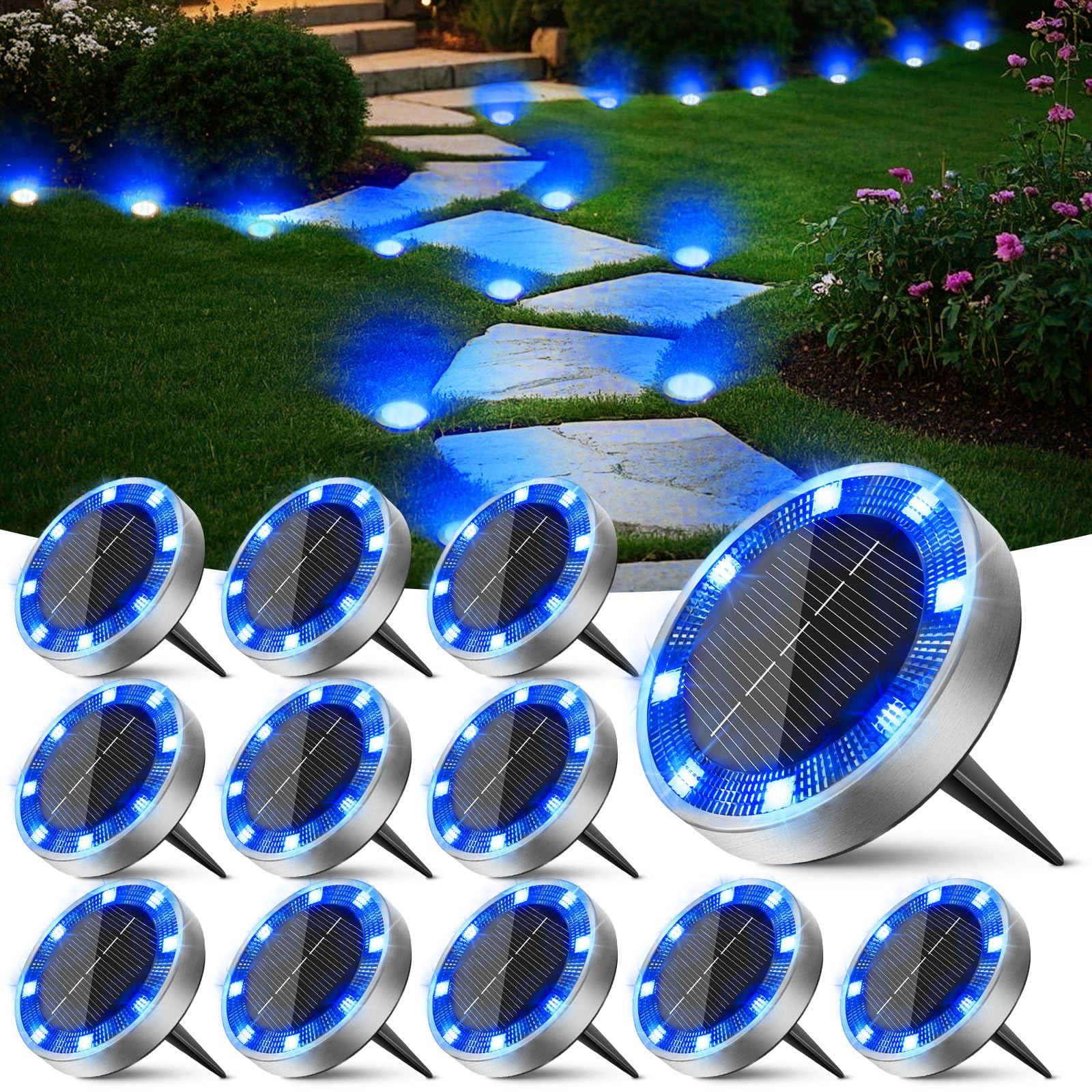 Peasur 12 Paquetes Luces Solares LED Exterior Jardin Suelo,8 LED Luz Solar Exterior Jardin, IP65 Impermeable Luces Solares para Patio, Camino, Césped, Blanco Frío — view 7