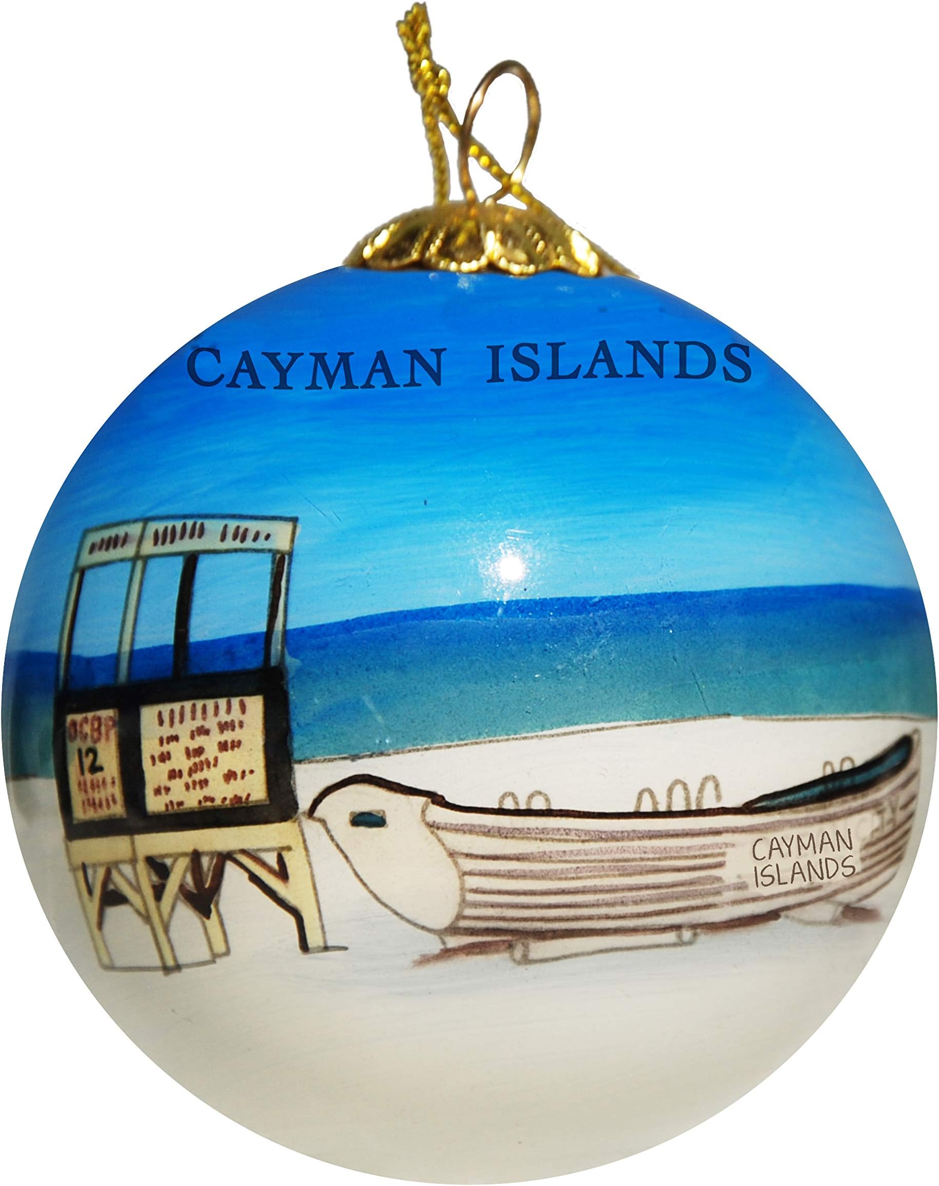 Blown Glass Christmas Ornament | Lifeguard Stand & Boat Cayman Islands | Hand Painted Inside | Original Art | Includes Gift Box