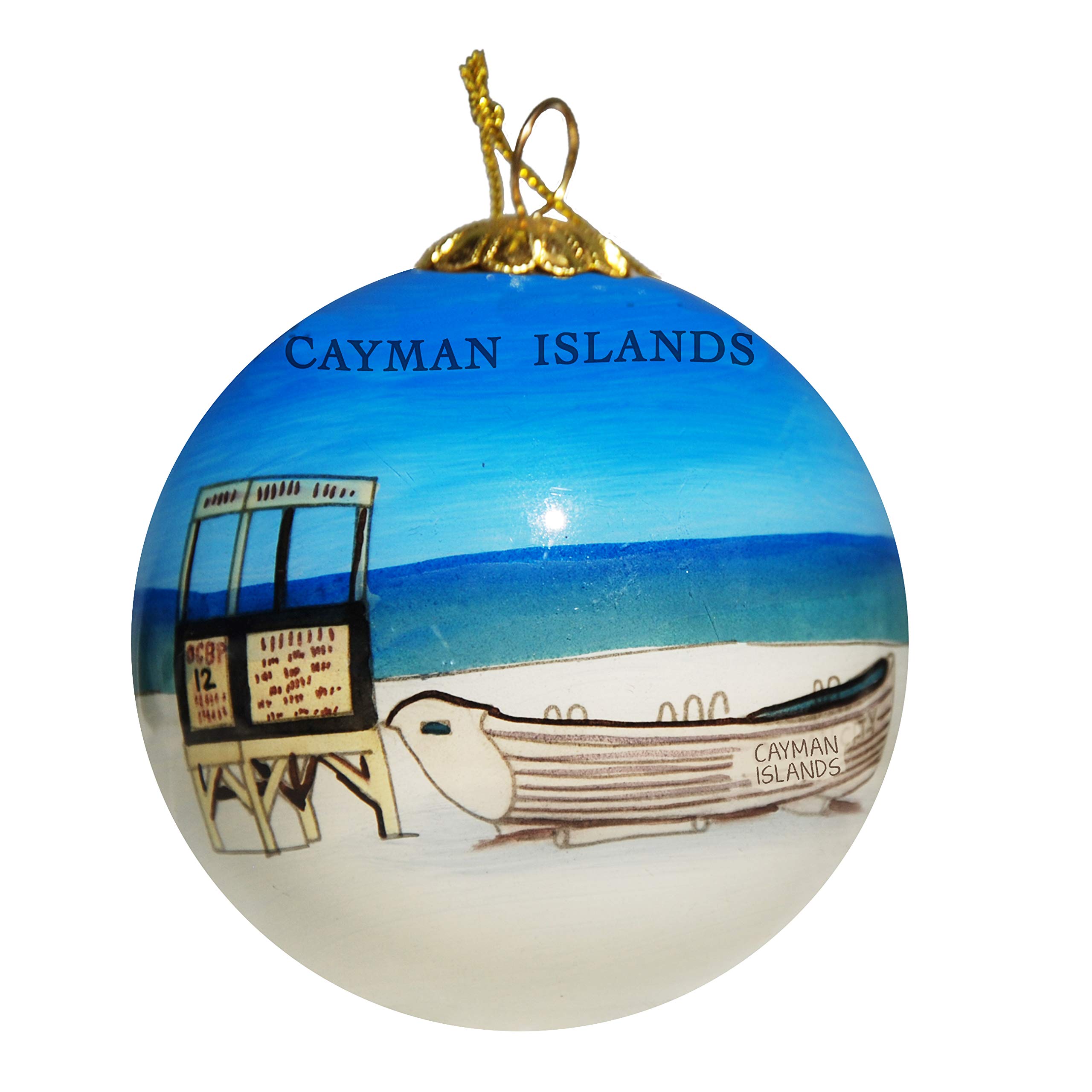 Blown Glass Christmas Ornament | Lifeguard Stand & Boat Cayman Islands | Hand Painted Inside | Original Art | Includes Gift Box