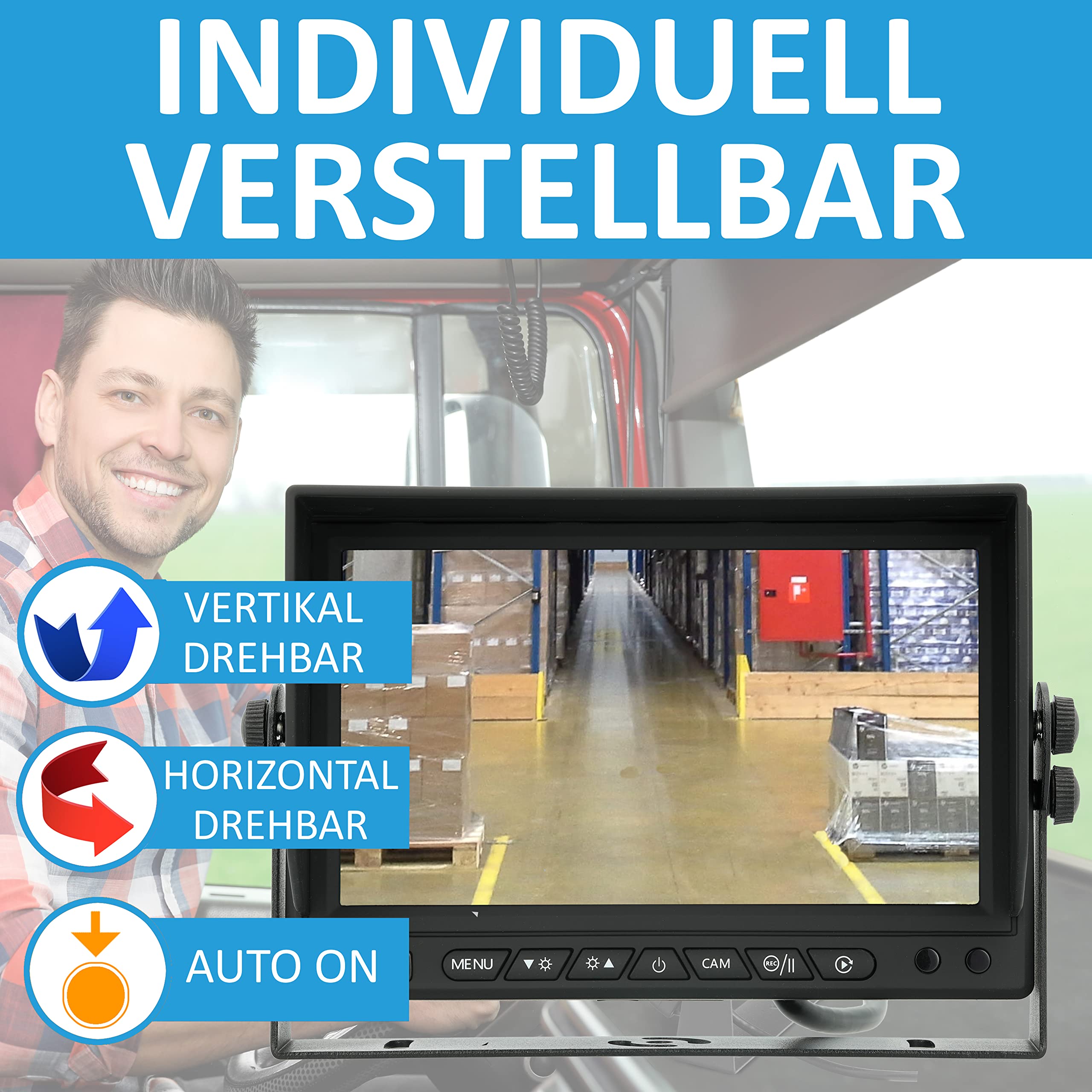 VSG24 Rückfahrmonitor MULTISCREEN HD – 1080P Monitor für Rückfahrkamera mit Split-Screen, Loop-Aufnahme, Rückspiegelfunktion, Trigger, 4 Kamera Eingänge, Einparkhilfe für Auto, LKW, Wohnmobil