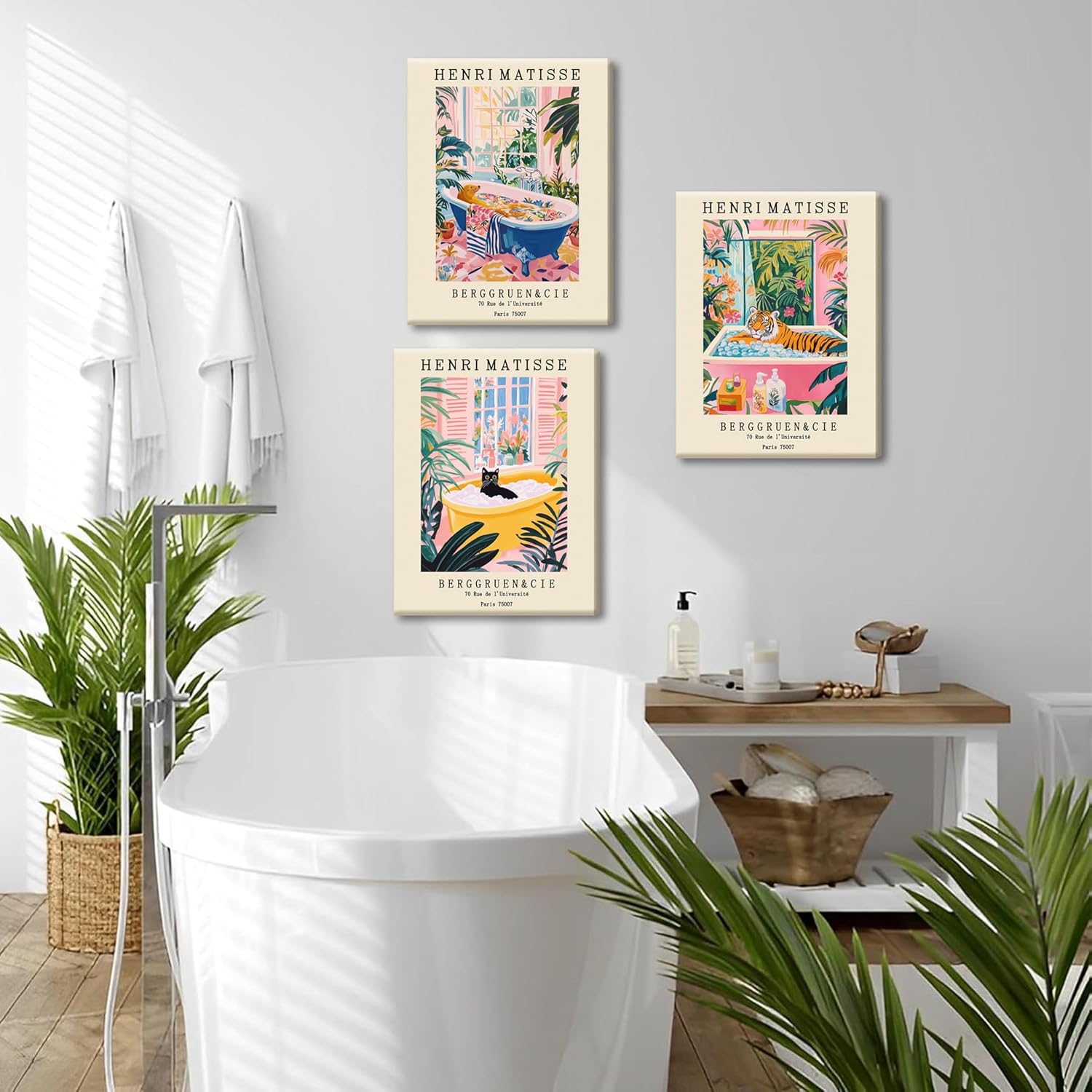 Funny Animal Bathroom Canvas Wall Art Set of 3, Vintage Matisse Black Cat Dopamine Wall Decor Paintings, Cute Tiger In Bathtub Pink Green Beachy Picture Posters Prints for Bathroom Framed 12x16 Inch