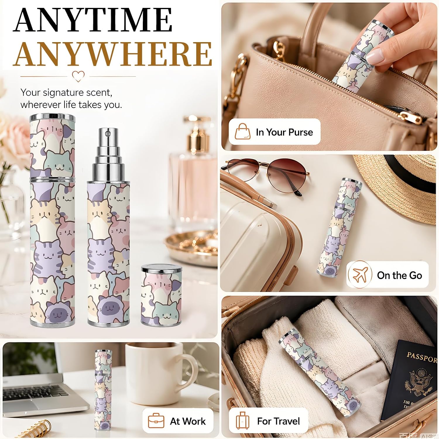 1 Pack 10ML Atomizer Refillable Perfume Spray Bottle for Travel, Leather Cute Empty Perfume Dispenser, Portable Sprayer Travel Essentials for Men and Women, Cute Cat image 5