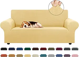 KEKUOU Stretch Loveseat Sofa Cover Slipcover,Couch Covers for 2 Cushion Couch Sofa (55"-78") Furniture Protector Sofa with Elastic Bottom for Kids,Dog. Jacquard Small Checked(Medium,Champagne)