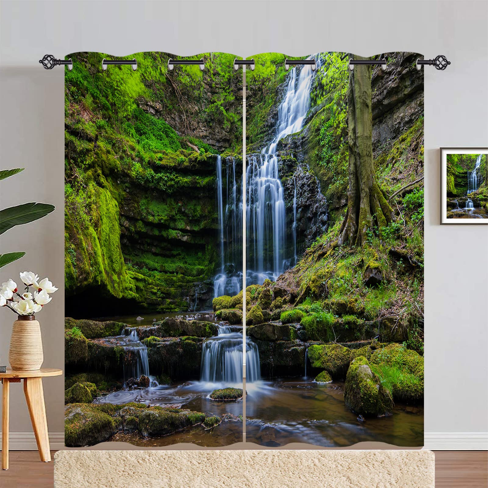 ANHOPE Waterfall Curtains Eyelet 80% Blackout Room Darkening Curtains with Nature Scenery Waterfall River Print Pattern Light Blocking Window Drapes for Bedroom Living Room 46 x 90 Inch Drop 2 Panels — image 1