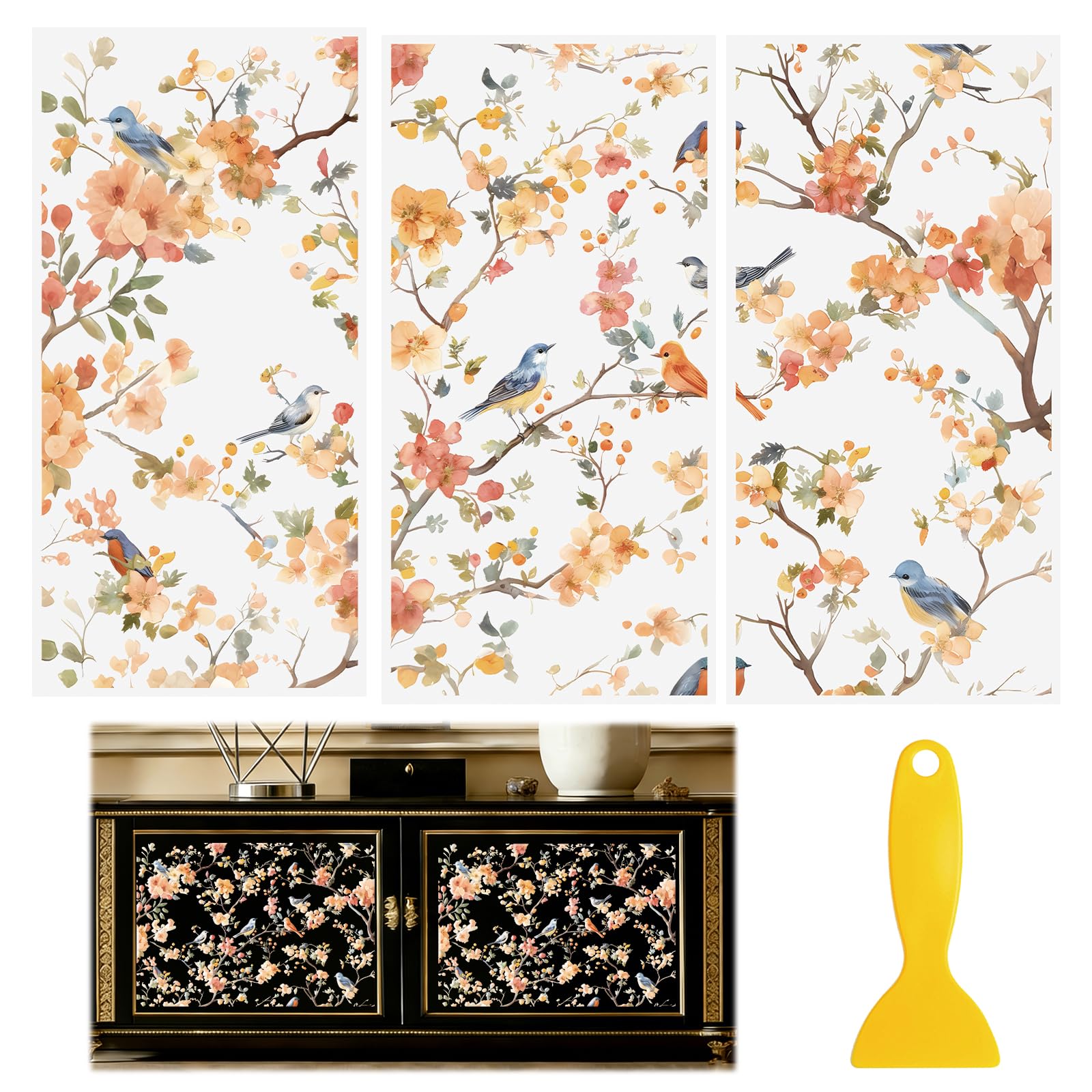 HICOHAND Rub on Transfers for Furniture and Crafts, 3 Sheets Colorful Bird and Flower Tree Sticker Waterproof Decals for Bookcase Wardrobe DIY Home Door