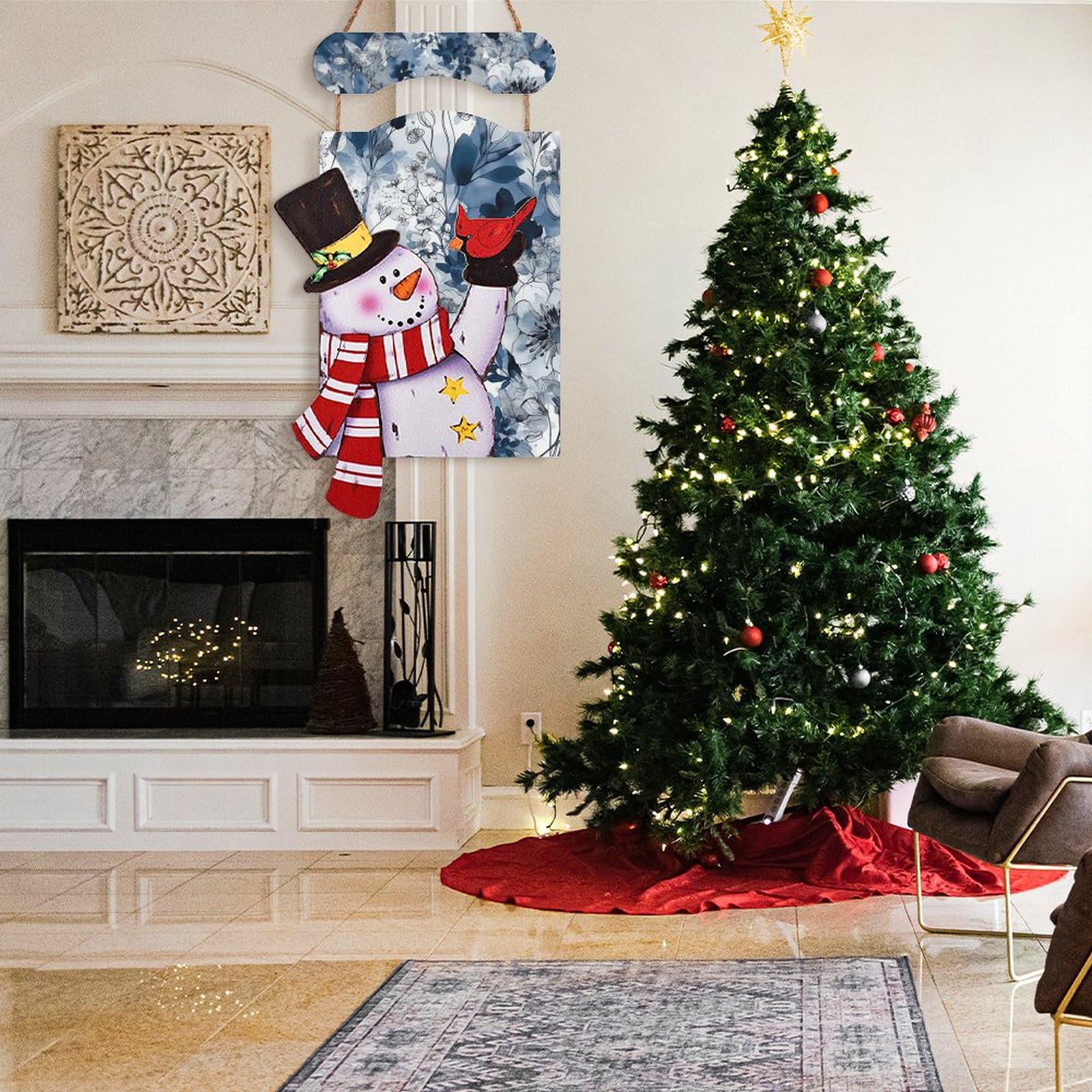 Bonhomme de neige de Noël en bois à suspendre pour décoration murale ou porte d'entrée, motif floral bleu turquoise, décoration de Noël pour sapin de Noël