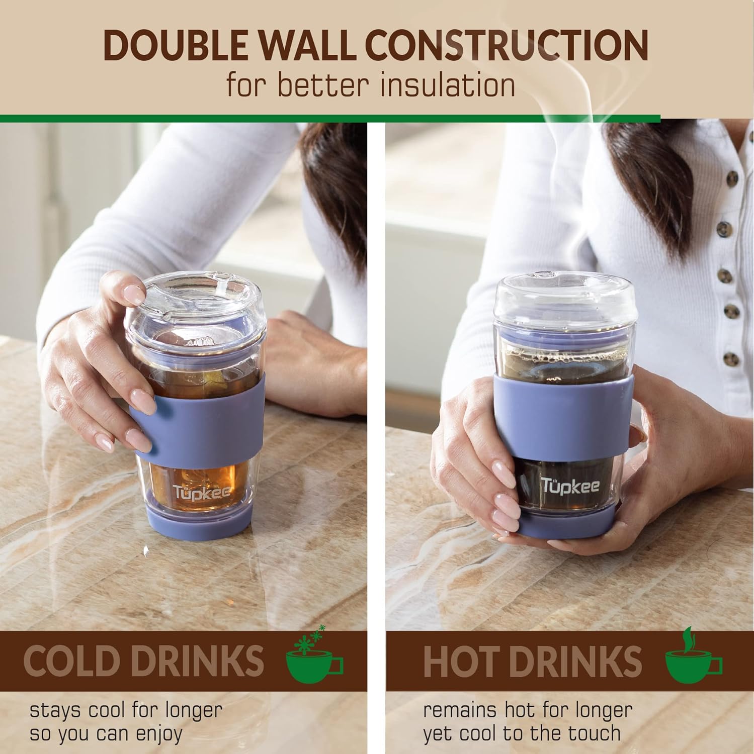 Tupkee Double Wall Glass Tumbler - 8-Ounce, All Glass Hand Blown Reusable Insulated Tea/Coffee Mug & Lid, Travel Mug - Jacaranda - Image 6