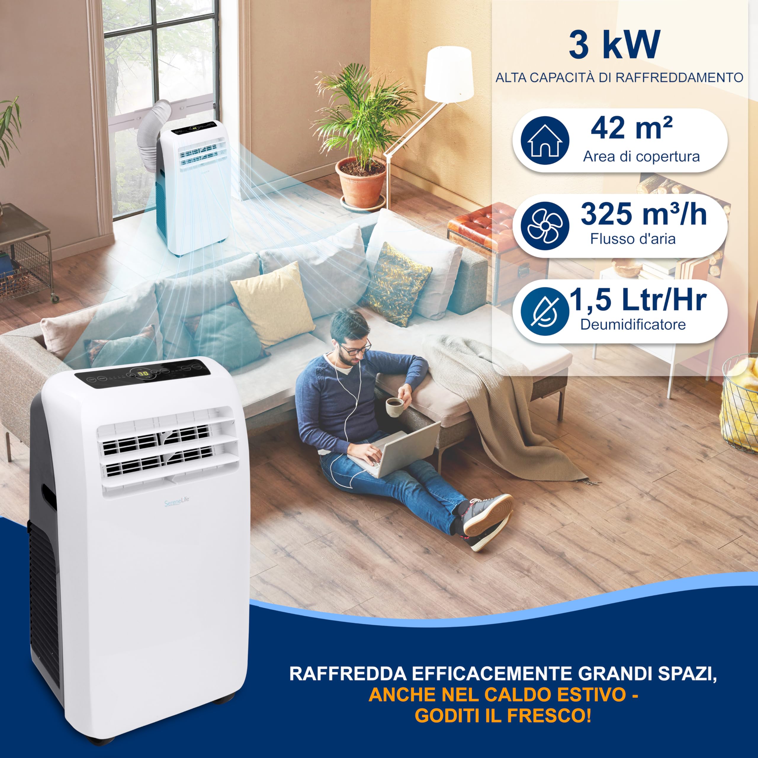 SereneLife Condizionatore Portatile 3-in-1 con Deumidificatore, Ventilatore, Telecomando, Kit Finestra, 9,000 BTU, [Classe A]