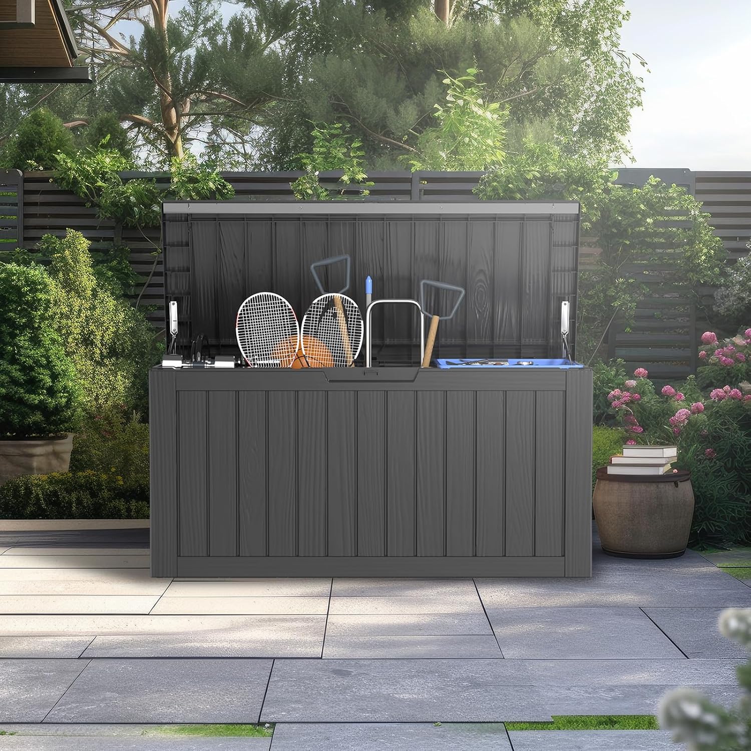 Vixzen 80 Gallon Resin Deck Box, Lockable Outdoor Storage Box for Patio Cushions Storage Furniture,Garden Tools, Pool Supplies, Weatherproof and UV Resistant- Black