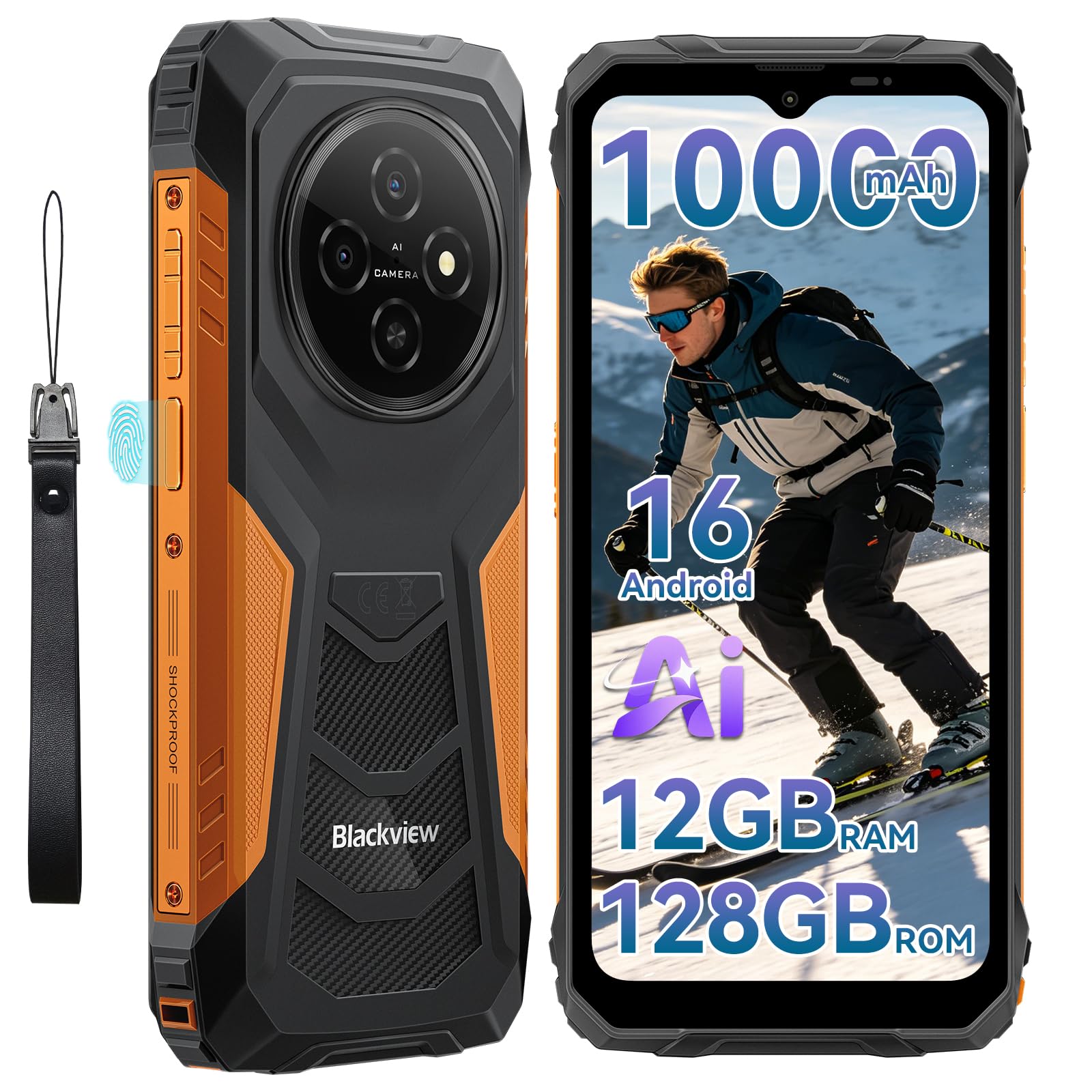 Blackview Outdoor Handy ohne Vertrag, 10000mAh Akku Android 16 Smartphone Outdoor, IP68/IP69K Baustellenhandy, bis zu 12GB+128GB (TF 2TB), 6,56" 90Hz Dual SIM, NFC, OTG, GPS, 3 Jahre Herstellerschutz