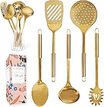 Brass/Gold Cooking Utensils for Modern Cooking and Serving, Gold Utensils - Stainless Steel Cooking Utensils 5 PCS-Gold Serving Spoon, Gold Soup Ladle, Pasta Serving - Gold Cooking Utensils Set