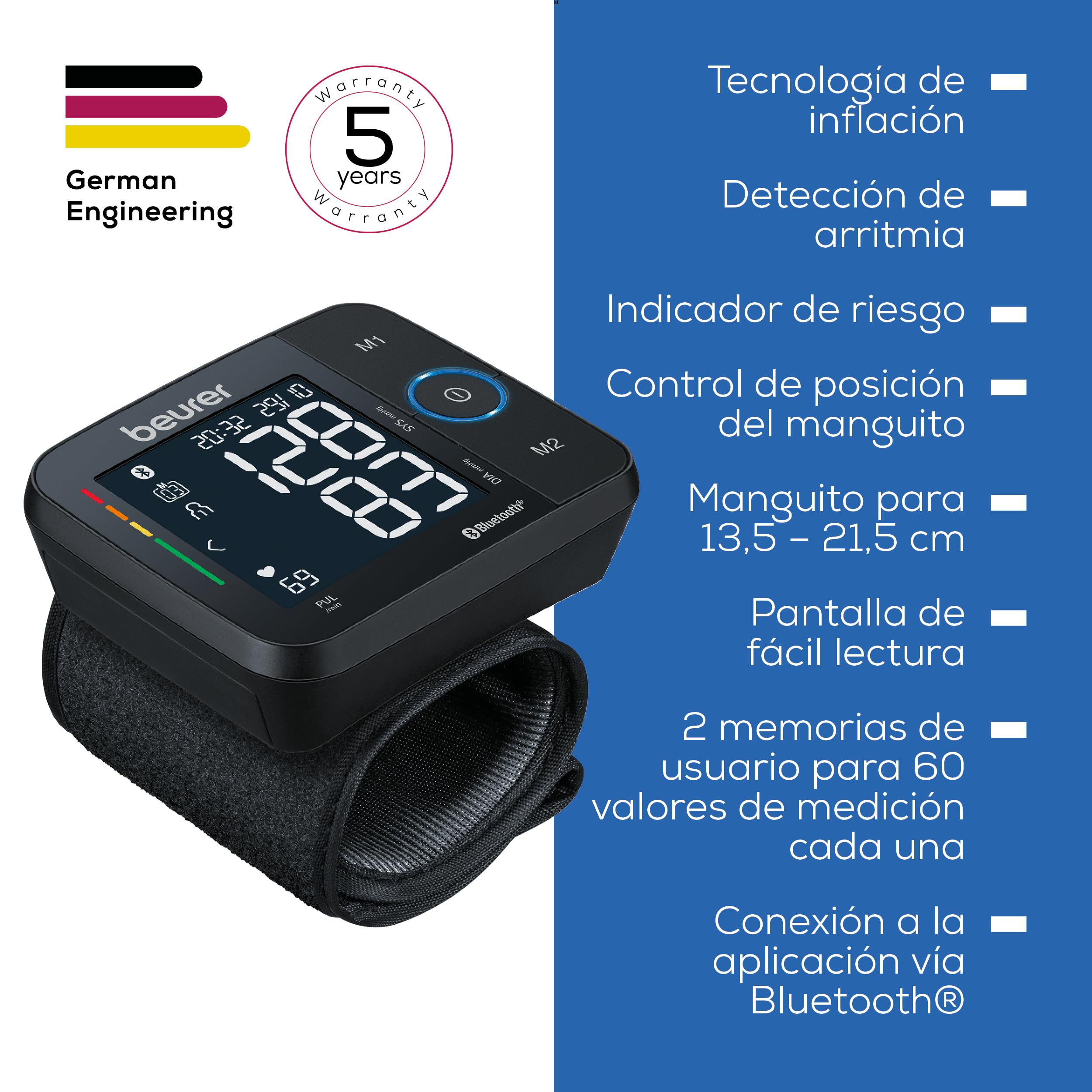 Beurer BC 54 tensiómetro de muñeca con tecnología de inflación, indicador de riesgo en color, detección de arritmias, muñeca 13,5-21,5 cm, con app, transferencia de datos a Apple Health