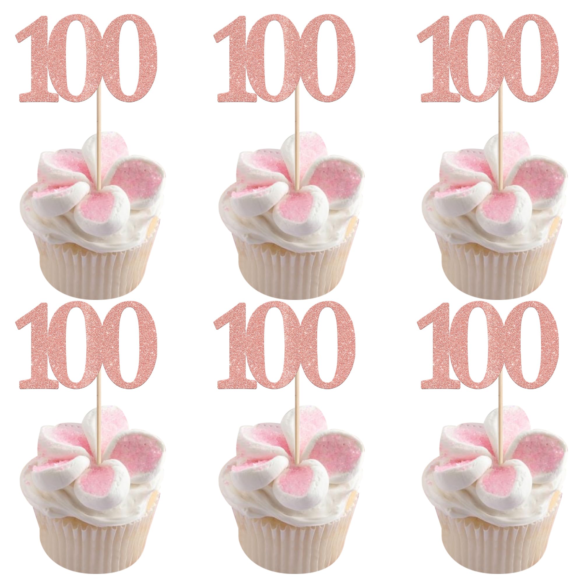 Xsstarmi 36 Pack Number 100 Cupcake Toppers Glitter Cheers to 100 Years Birthday Cupcake Picks Decoration for Happy 100th Birthday Wedding Anniversary Party Cake Decorations Rose Gold