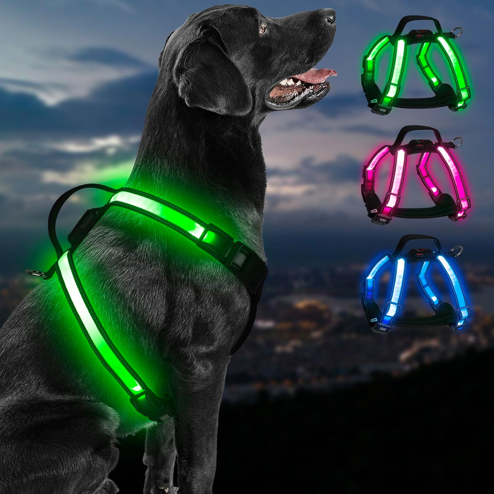 Rechargeable LED Dog Harness – Multi-Color Light Up Glow Dark Vest with Reflective Strips, Waterproof Adjustable Soft Mesh Safety Harness for Small Medium Large Dogs Night Walking-Extra Large