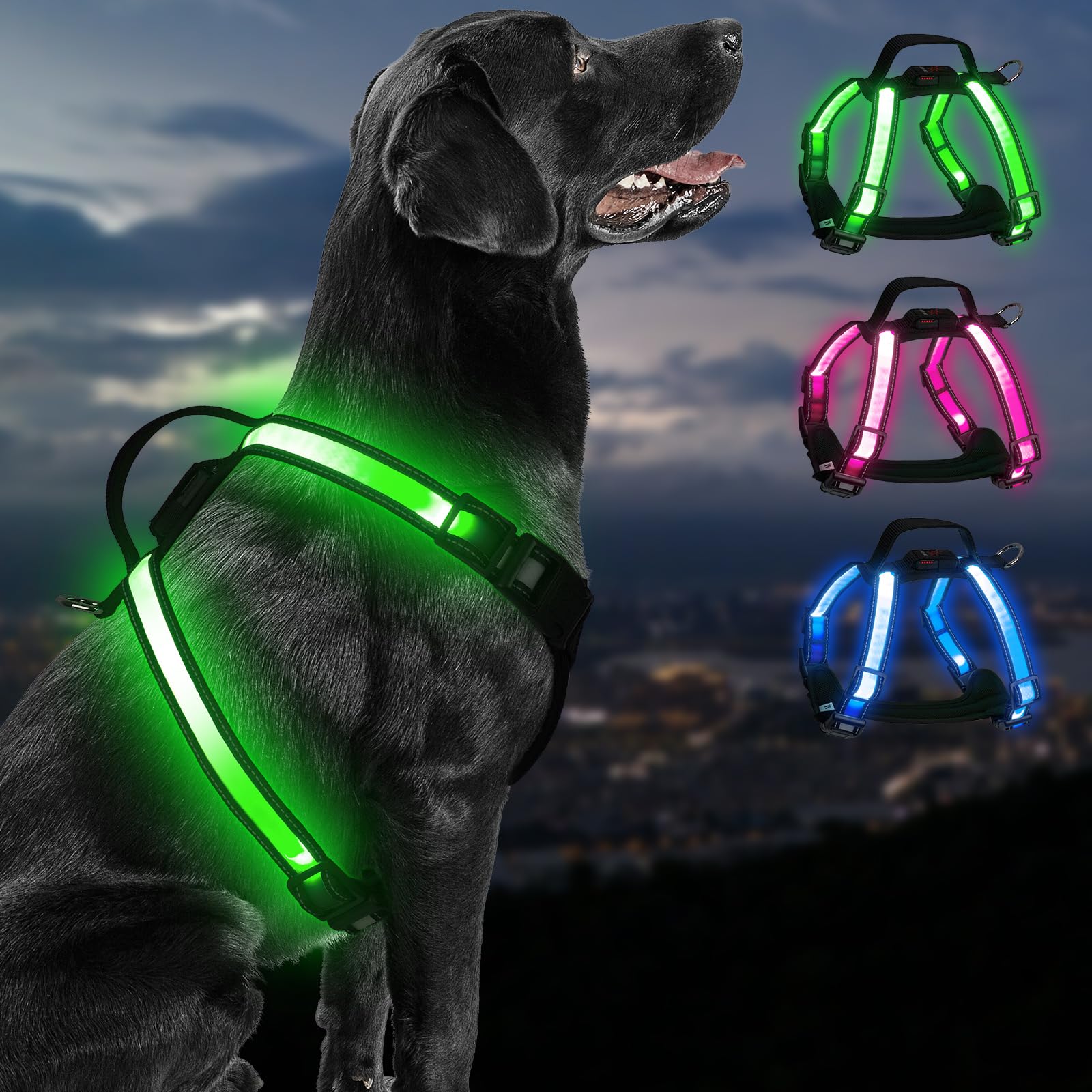 PZRLit Rechargeable LED Dog Harness, Multi-Color Light Up Glow Dark Vest with Reflective Strips