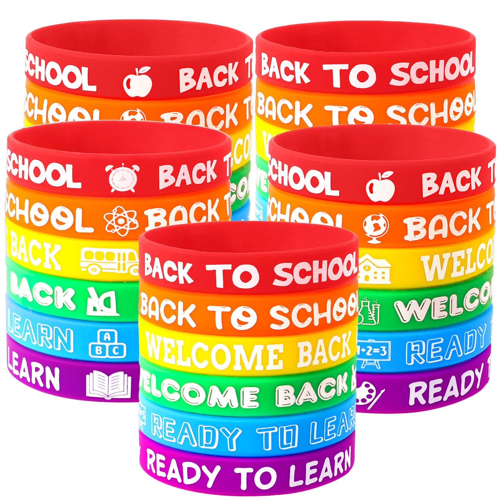 JUNEBRUSHS 30pcs Back to School Silicone Bracelets Rubber Wristbands for First Day of School Gifts Prize School Party Favors Decorations Accessories Stuffers Fillers(6 Designs)