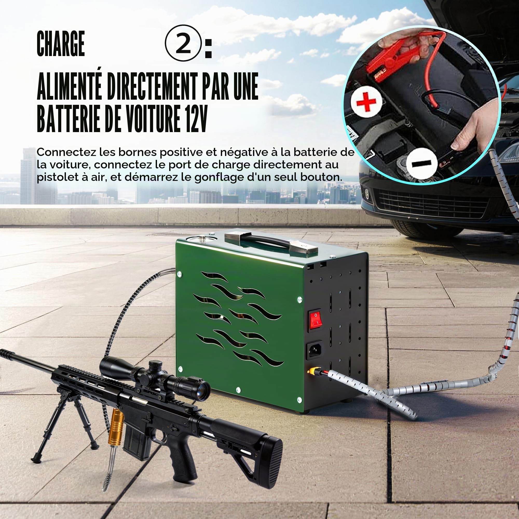 TUDIVING - Compresseur d'air 4500 Psi | 12 V CC / 220 V CA | Arrêt automatique | Sans huile ni eau | Gonflage rapide | Compresseur pour plongée, PCP et pistolets de paintball (TXES062)