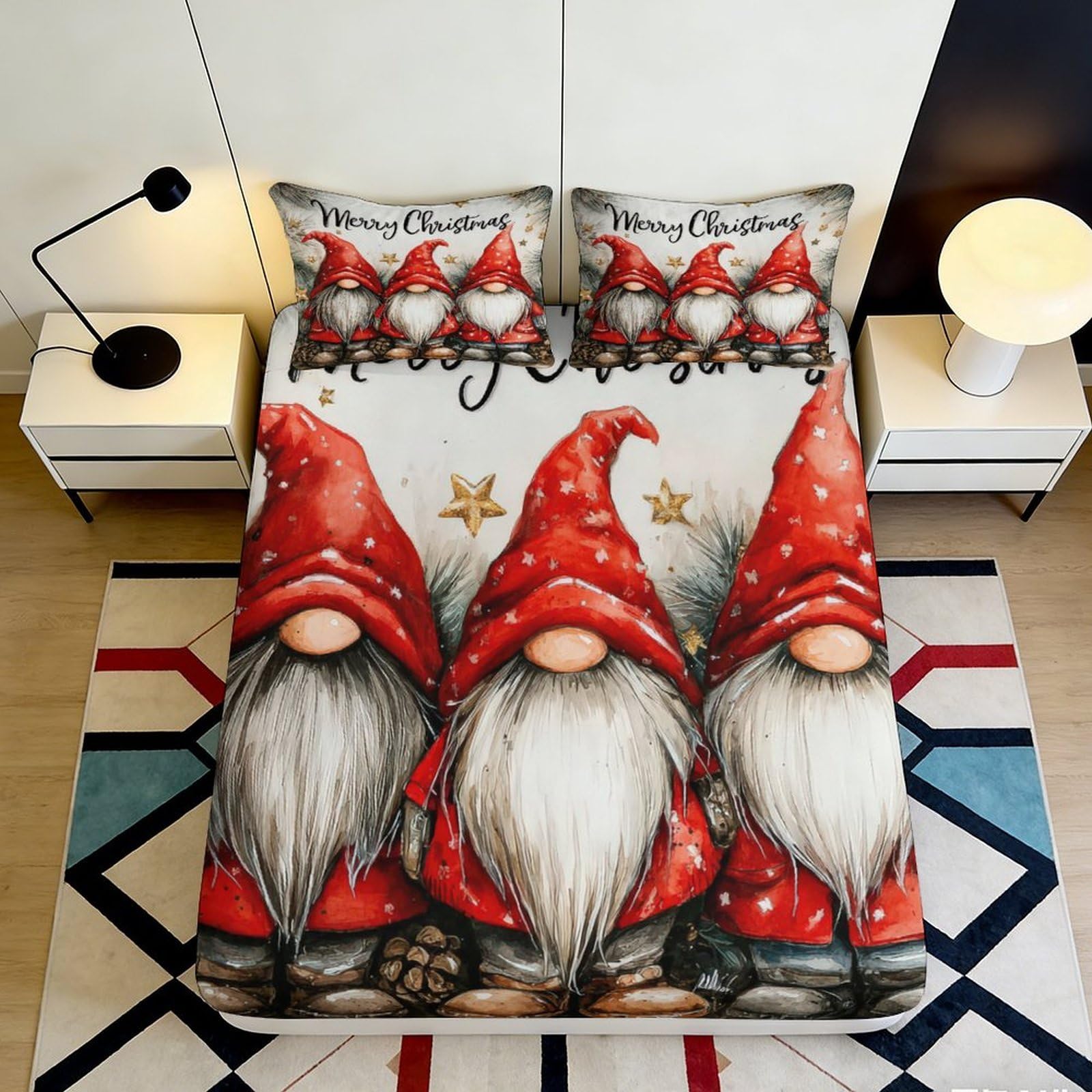 Jqzkxnhpbr Style-9 3D Printed Christmas Gnome Fitted Sheet Microfiber Soft Red Nordic Bed Cover For Bedroom Guest Room Decor 90X200x25cm