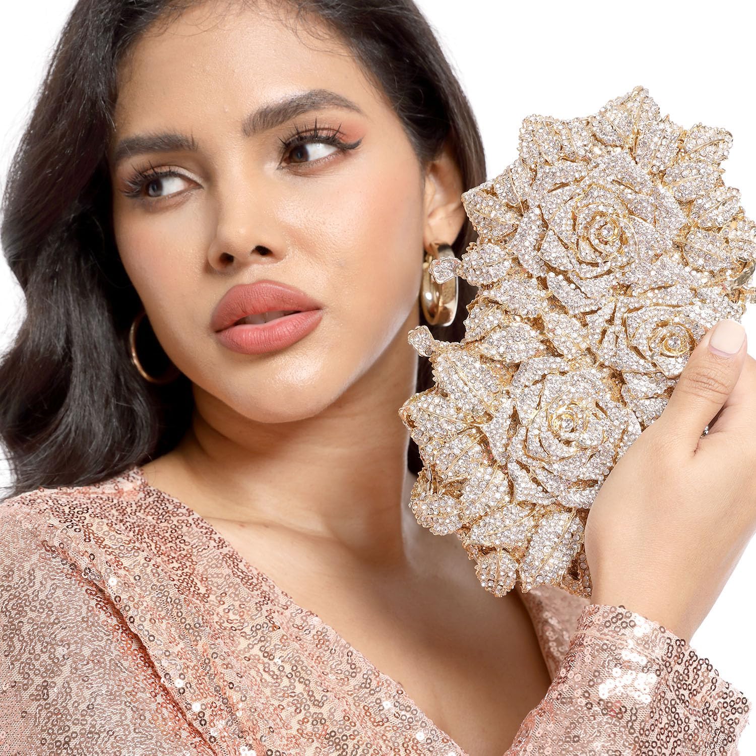 Boutique De FGG Mini Flower Evening Bags For Women Formal,Party Rhinestone Clutch Purses,Wedding Floral Crystal Clutch Bag