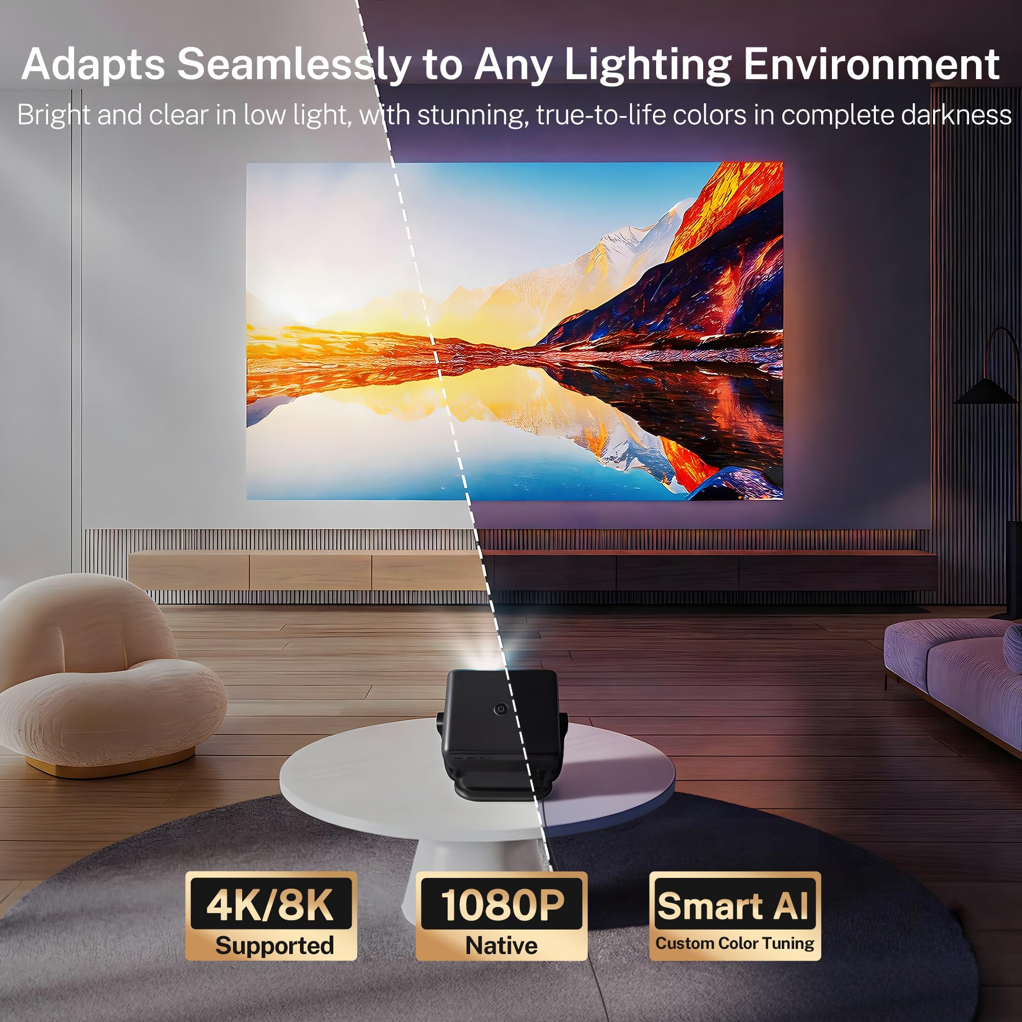 [AI Voice Assistant] Smart Projector with Android 14, Native 1080P 4K Supported, 800 ANSI, WiFi 6 & BT 5.4, AI Auto Focus/Keystone, 360° Rotating Portatif Projecteur Compatible with Netflix/iPhone/iOS - 4