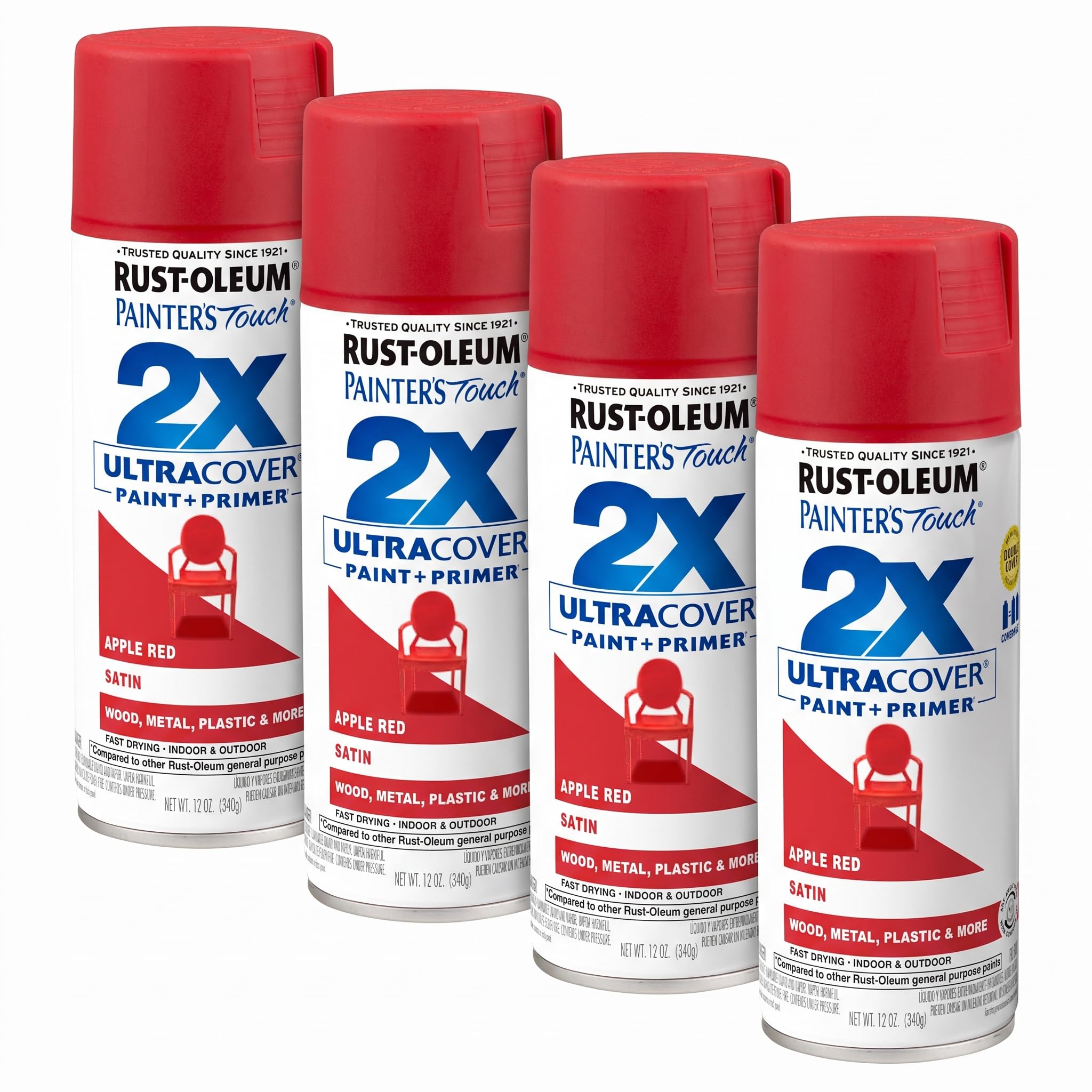 Rust-Oleum 334094 Painter's Touch 2X Ultra Cover Spray Paint, 12 oz, Satin Apple Red (Pack of 4)