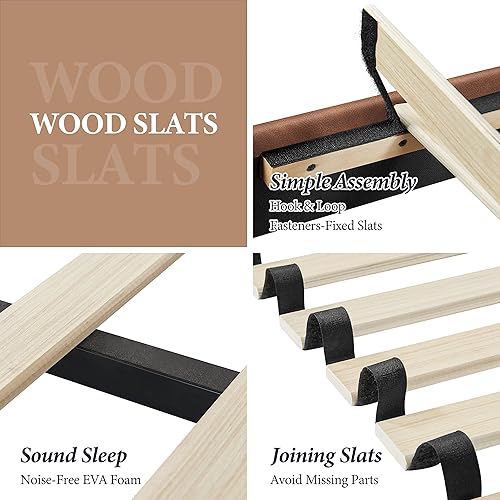 Miniatura 7 de Topeakmart Base de colchón de plataforma tapizada de tamaño matrimonial con cabecera y soporte de listones de madera fuerte no necesita somier fácil