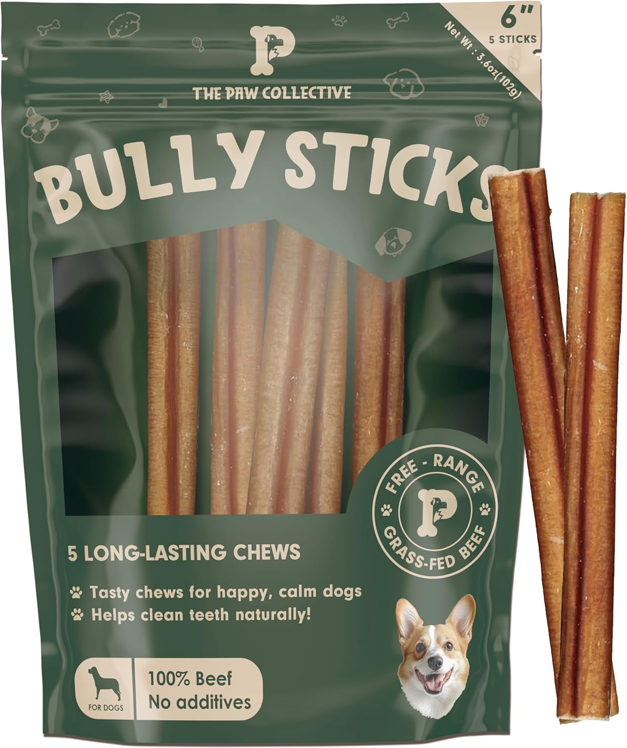 Odor Free Bully Stick Dog Treats - Long Lasting Chew Sticks - Free Range Grass Fed Beef Natural Dental Chew Treat - 6" inch, 5 Pack