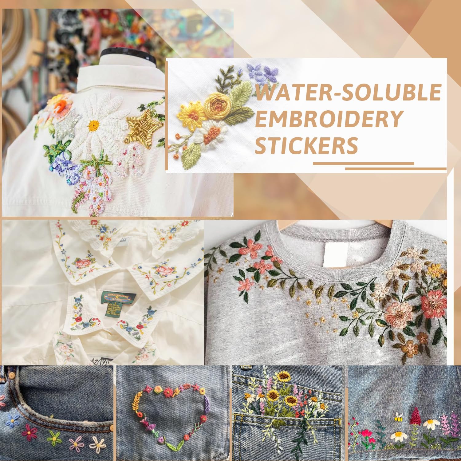 Borduurpatronen Transfers In Water Oplosbaar, DIY Naaien Stikpapier met Voorbedrukt Boheems Bloempatroon | Doe-het-zelf Benodigdheden voor hoeden, Handschoenen, Jassen, Broeken, Jeans, Jurken, Rok