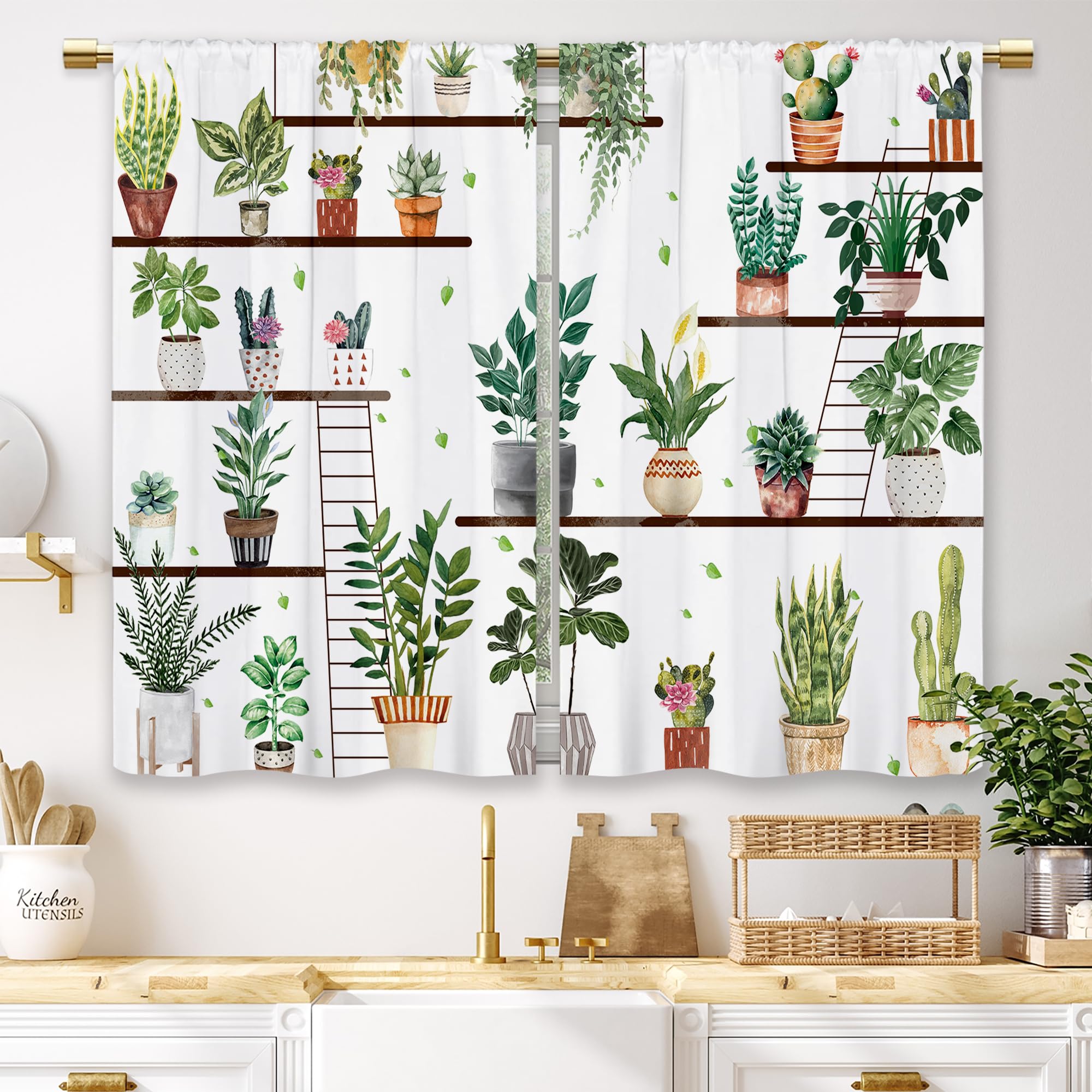 Laifzere Boho Floral Kitchen Curtains Flower Green Plant Small Short Cafe Window Curtains Cactus Cottagecore Farmhouse Country Bathroom Window Drapes Treatment Tier Curtains 2 Panels (27.5x39 Inch)