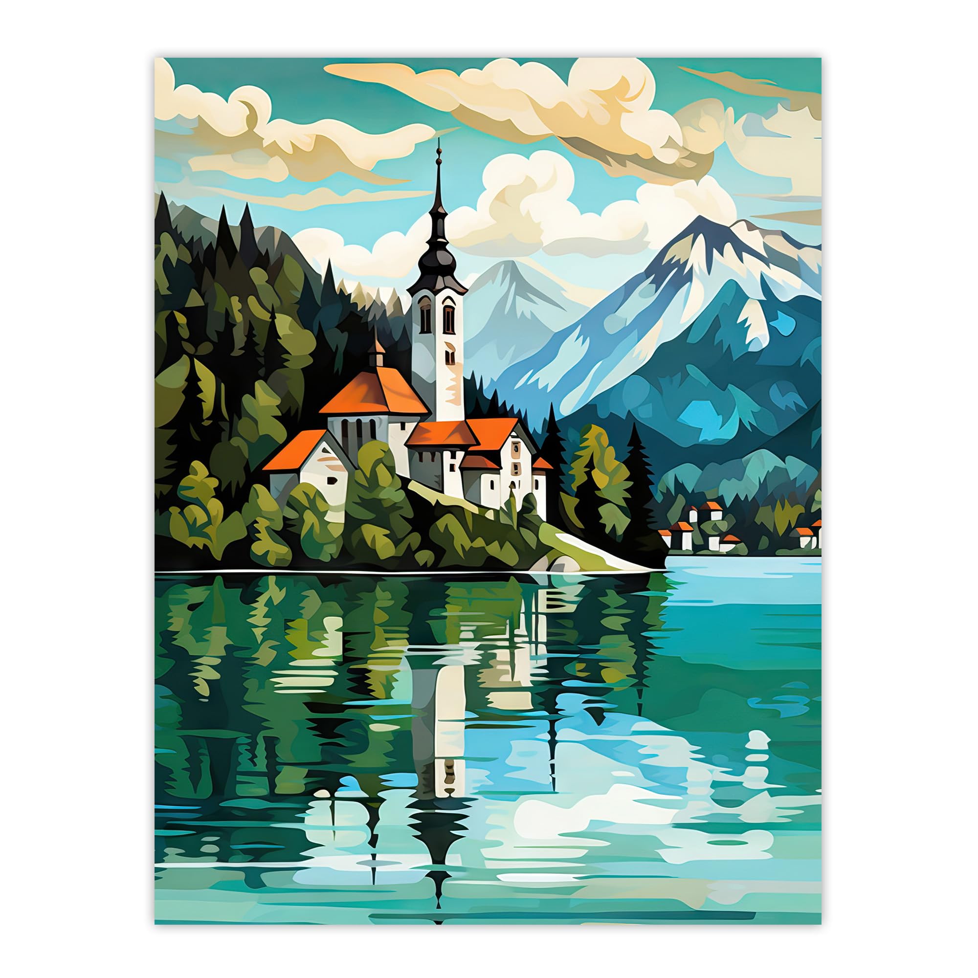 Artery8 Lake Bled Vibrant Artwork Slovenia Island With 17th Century Church Reflecting On Turquoise Waters Large Wall Art Poster Print Thick Paper 18X24 Inch
