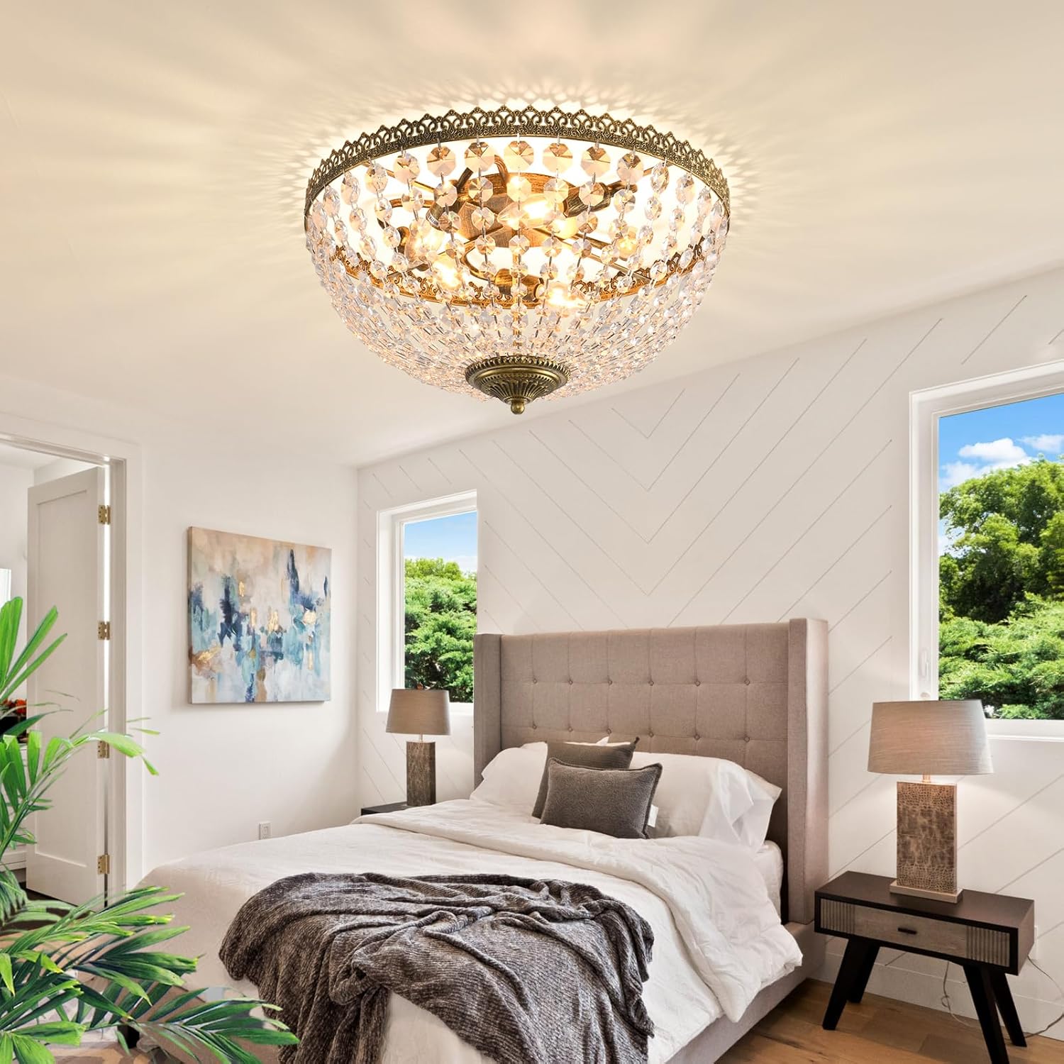 5 Lights French Empire K9 Crystal Antique Brass Flush Mount Ceiling Light Fixture Crystal Chandelier Lighting for Dining Room Entrance Hallway Bedroom Kitchen,E12 Bulbs,W18.5inch X H12.6inch